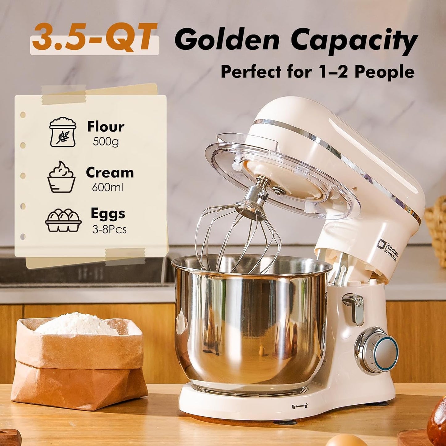 Kitchen in the Box Stand Mixer, 3.5 QT Small Electric Kitchen Mixer, 10-Speed Portable Lightweight Food Mixer with Stainless Steel Bowl, Egg Whisk, Dough Hook, Beater (Cream White)