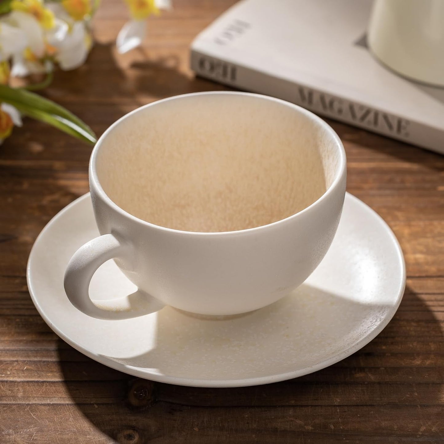 Ceramic Latte Art Mug With Saucer - 10 oz, Round Bottom For Perfect Pours - Cafe Cups for Cappuccino, Espresso, Coffee, Tea - Handmade Porcelain Set for Baristas, Great Gift - Apricot