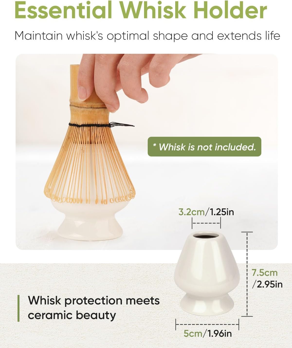 Matcha Bowl and Whisk Holder Set, Ceramic Tea Bowl and Whisk Stand, Matcha Tea Mixing Bowl with Spout (18 Ounce), Whisk Rest, Ivory White