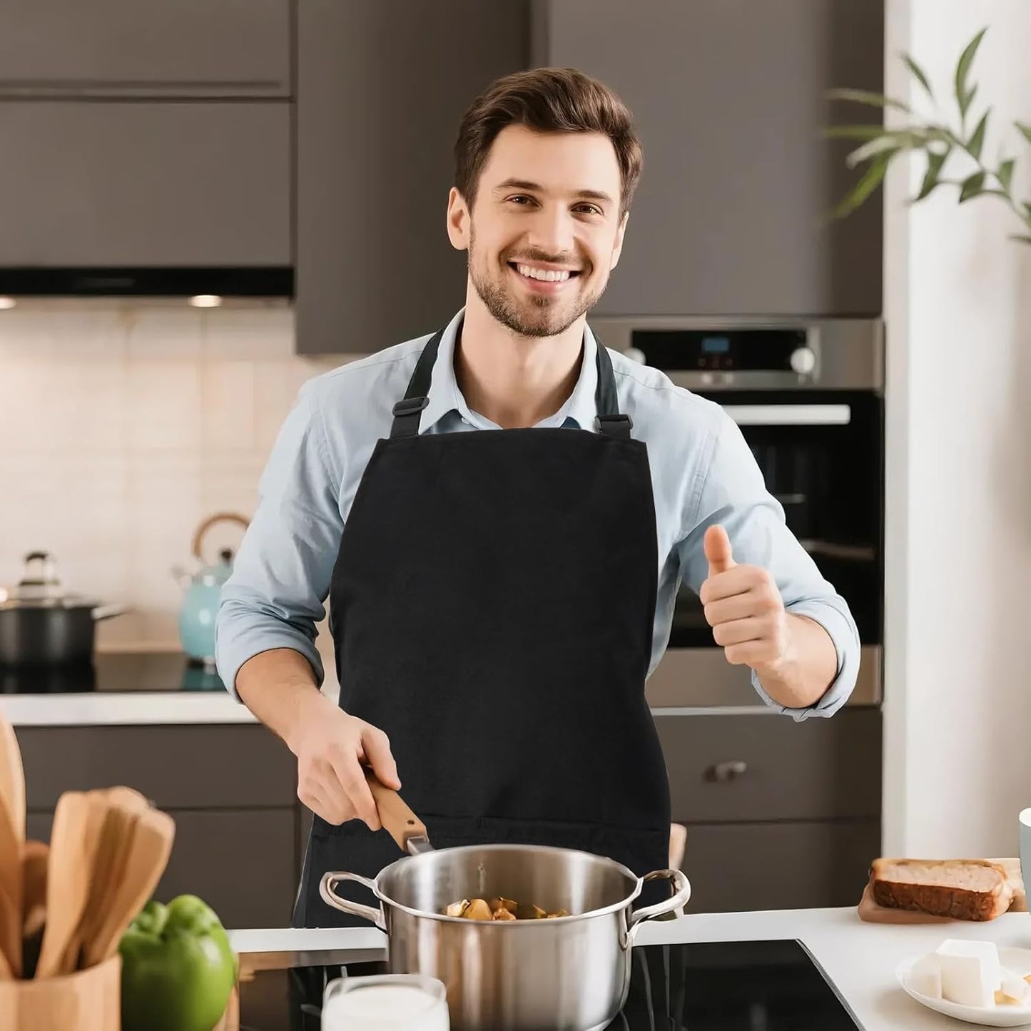 Kitchen Bib Apron for Women Men with Pockets Chef Art Aprons for Cooking Painting Pottery Ceramics