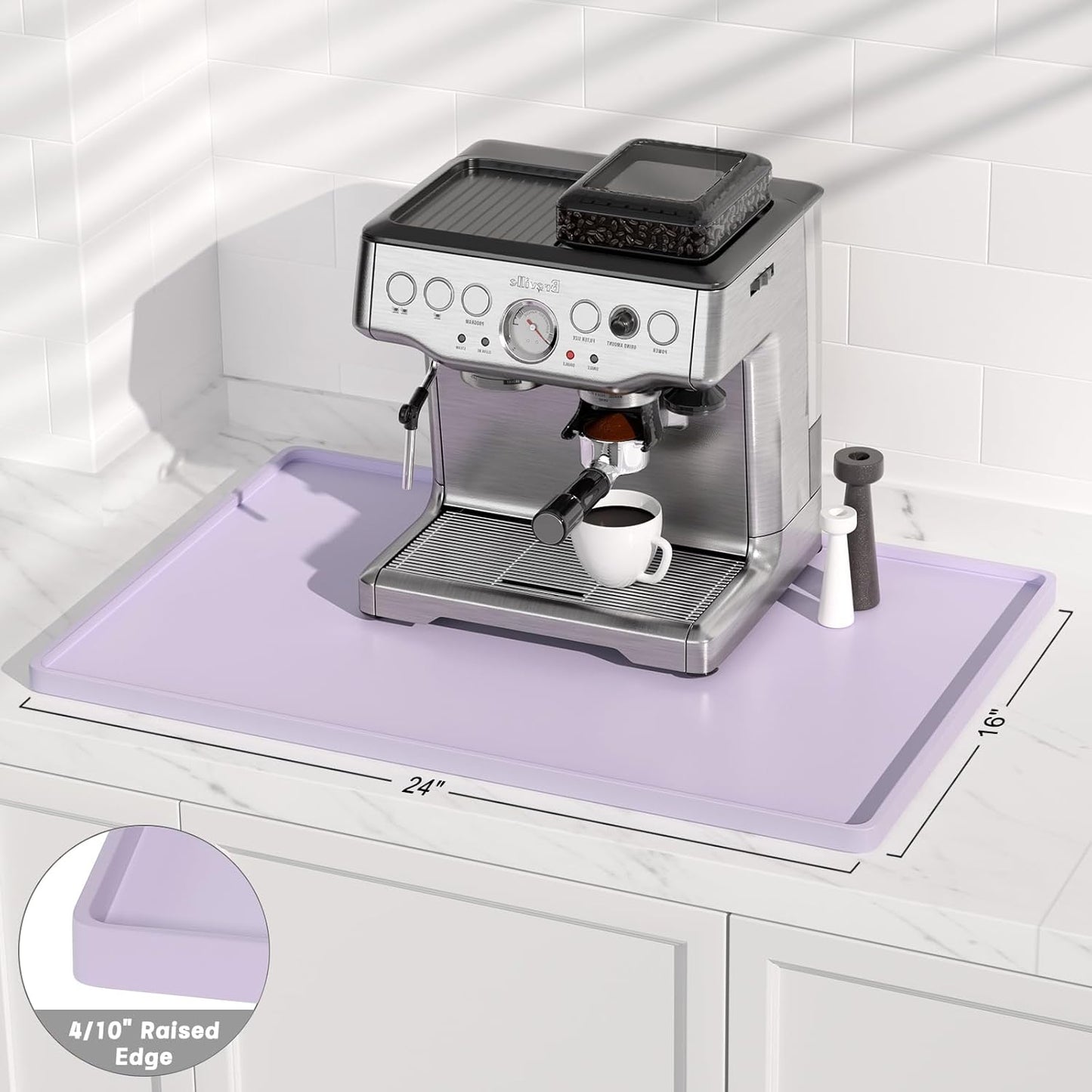 Rnivvi Silicone Coffee Mat, 16" x 24" Waterproof Raised Edge Coffee Bar Mats for Espresso Machine Station Accessories, Heat Resistant Dish Drying Pad for Kitchen Counter, Rubber Bar Decor Pad, Purple