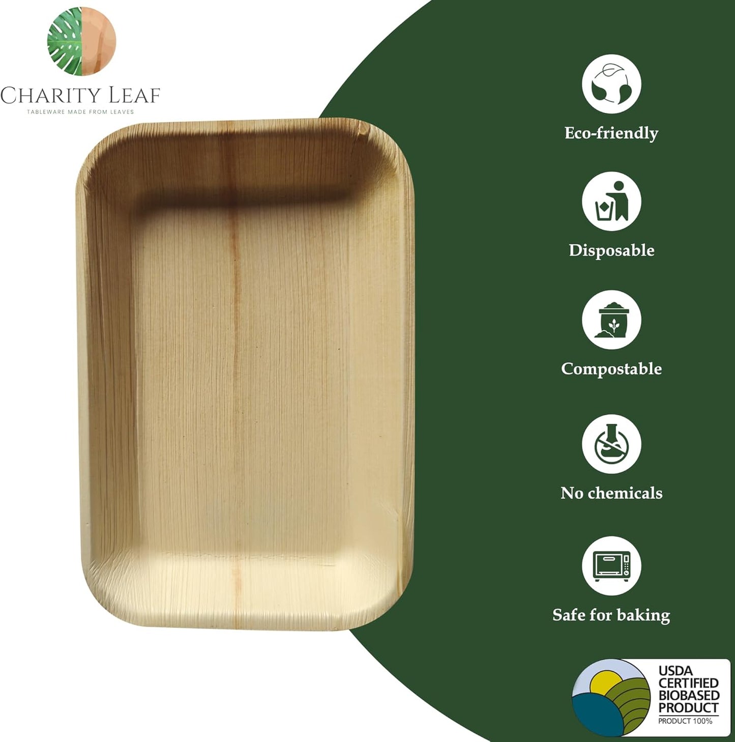 Charity Leaf Eco-Friendly Palm Leaf Trays (50-Pack) - 9"x6" | Elegant Bamboo-Style Platters | Perfect for Weddings & Events | Compostable & Biodegradable Green Serveware