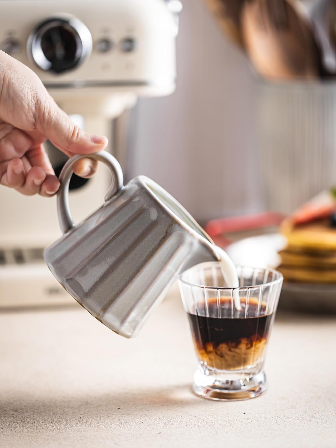 Ceramic Creamer Pitcher,Creamer Container with Handle, Small Milk Pitcher Cup for Coffee, Sauces, Salad, 10 OZ, Cream White