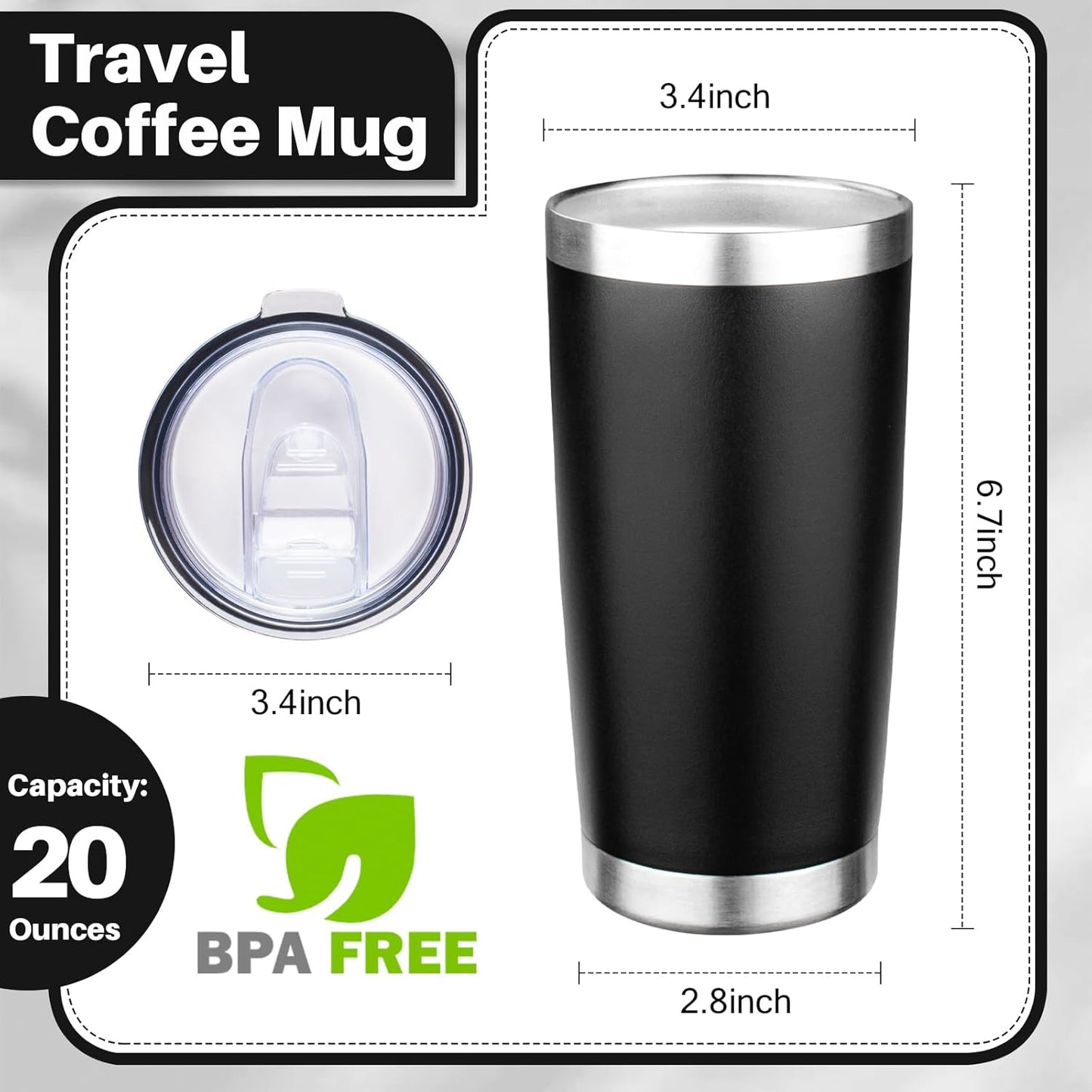 20oz Tumbler with Lid Double Wall Vacuum Insulated Travel Coffee Mug Stainless Steel Thermal Cup Powder Coated Sturdy Coffee Tumbler for Hot and Cold Beverage (Black,1)
