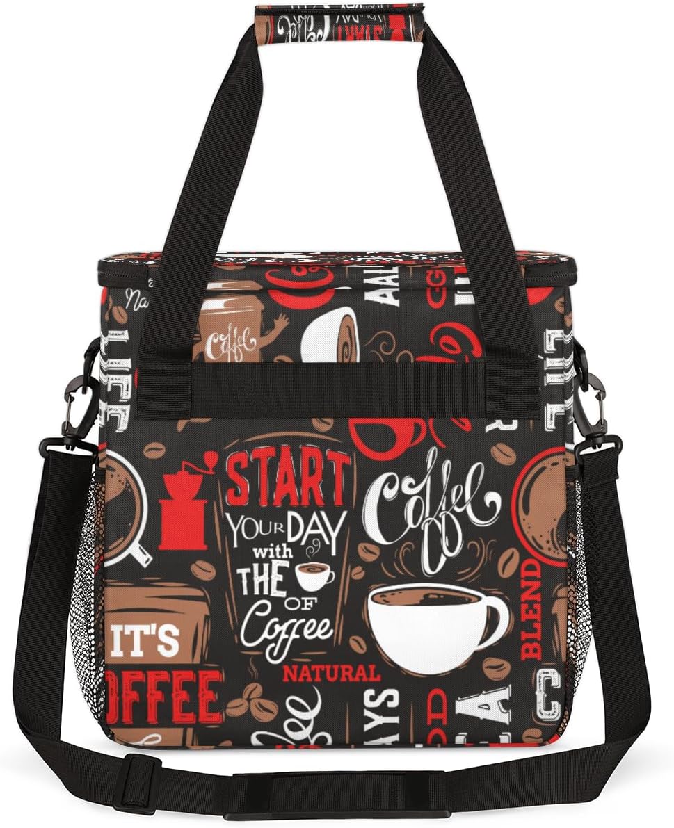 Red Start Day With Coffee Coffees Maker Carrying Bag Coffee Machine Travel Storage Tote Bag Compatible with K-Mini or K-Mini Plus, Portable Single Serve Coffees Brewer Case with Pockets for K-Cup Pods