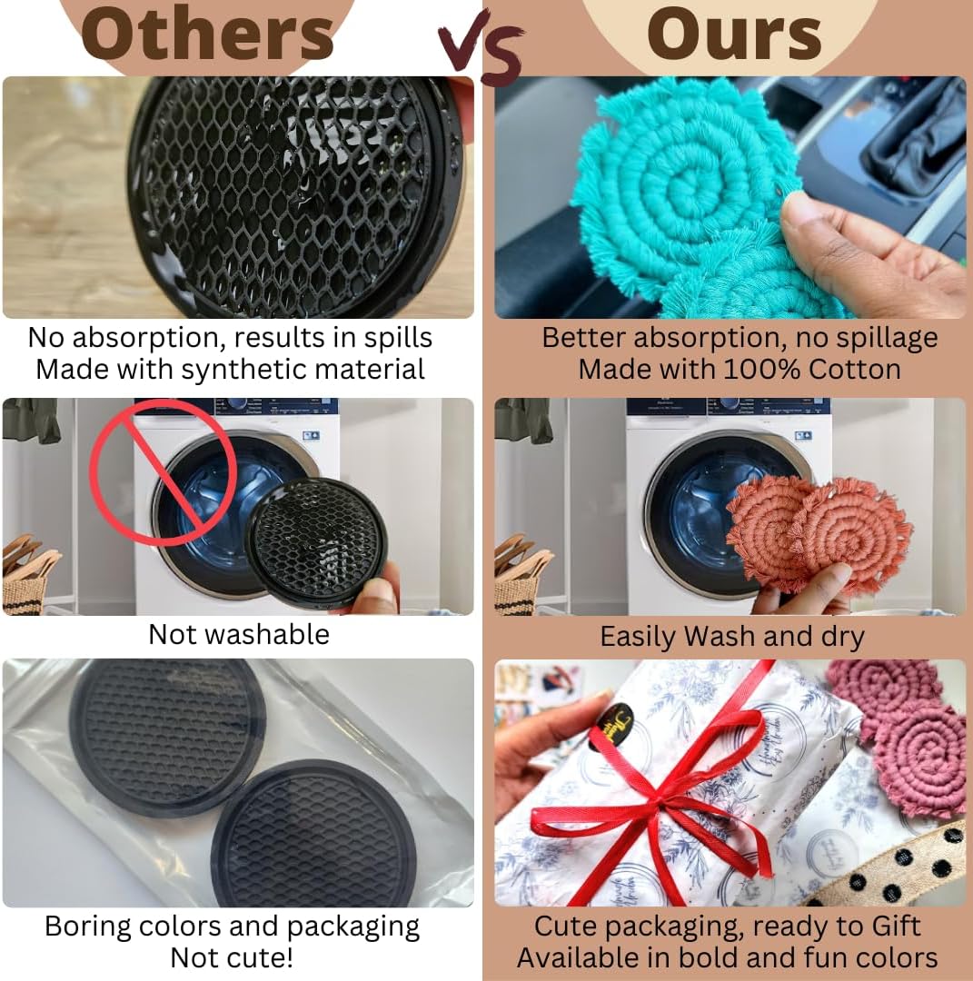 Cotton Car Coasters for Cup Holders, 2PC Car Cup Coasters, Drink Coaster Holder, Cute cupholder Coaster Accessories for Women, Macrame, Boho (Ocean Teal)