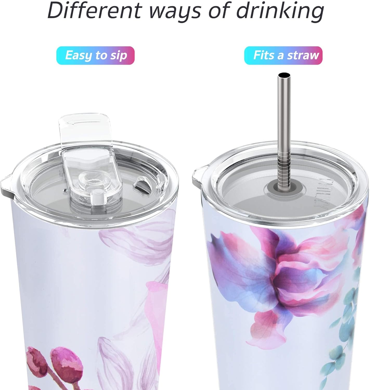 THILY Stainless Steel Vacuum Insulated Tumbler 26 oz Triple-Insulated Travel Mug with Splash-Proof Lid, for Iced Coffee and Hot Beverage, Pink Lilies + Lotus Flower