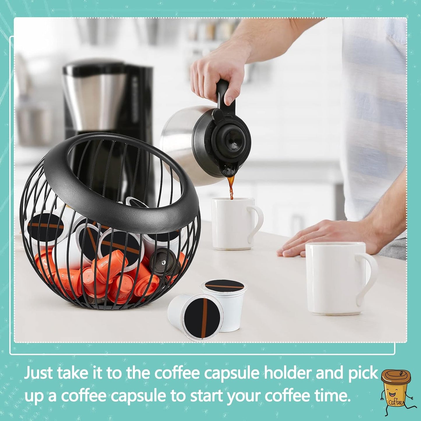 2 Pieces Coffee Pods Holder Large Capacity Coffee Pod Baskets Stainless Steel Cup Organizer Sturdy for Espresso Capsule Pot Storage Metal Wire Fruit Bowl Snack Storage(Black)