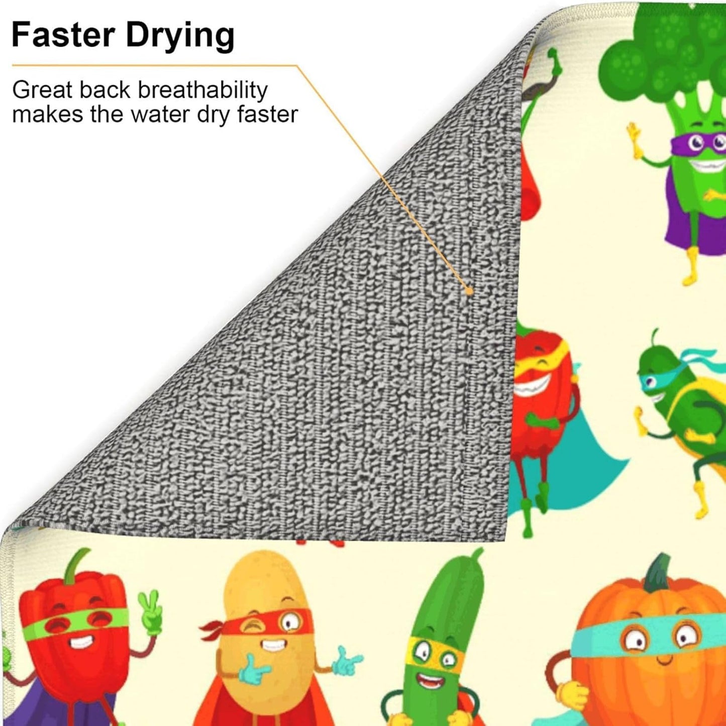 Vegetable Superhero Cartoon Dish Drying Mats for Kitchen Counter, Absorbent Microfiber Cute Drying Pad for Dishes, Decorative Kids Kitchen Mat for Sink, Dishes Utensils, Dining Area, 16" x 18"