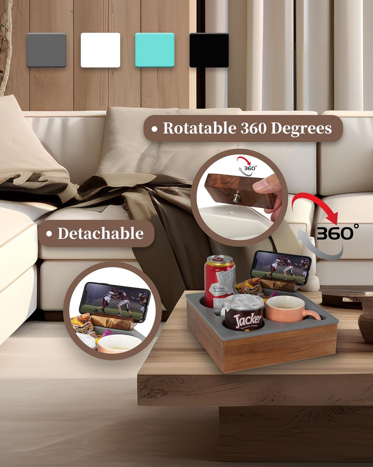 Couch Cup Holder Tray, Handy Soft Silicone Acacia Wooden Couch Caddy for Bed Car Seat Beach Organizer, Waterproof Anti-spill Sofa Cup Holder for Snacks Beverage Remote (Yellow)