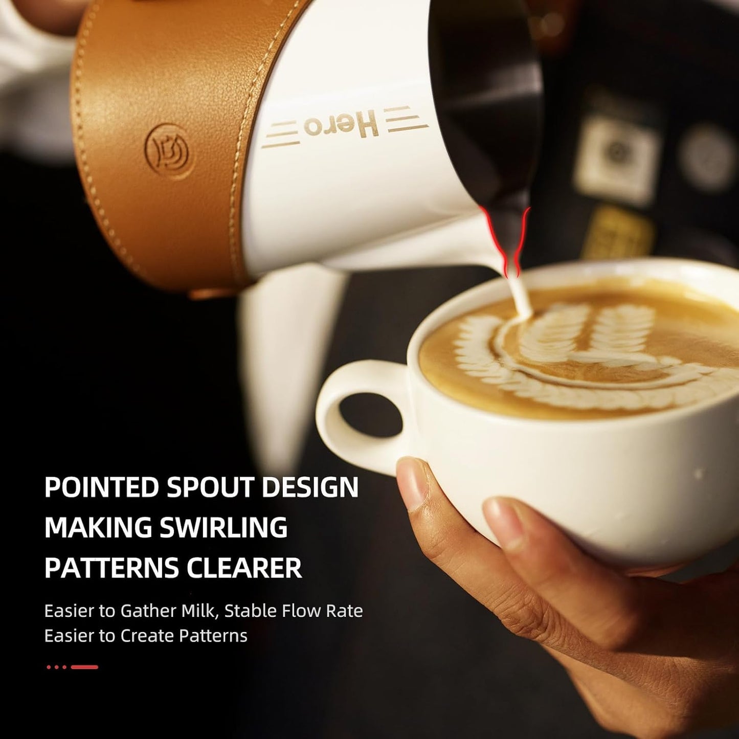 Milk Frothing Pitcher 450ml/16oz 304 Stainless Steel Espresso Steaming Pitcher with PU Leather, Milk Frothing Jug,milk frother cup,Milk Jug Cup,Premium Barista Tools,Latte Art (Bright 20oz)