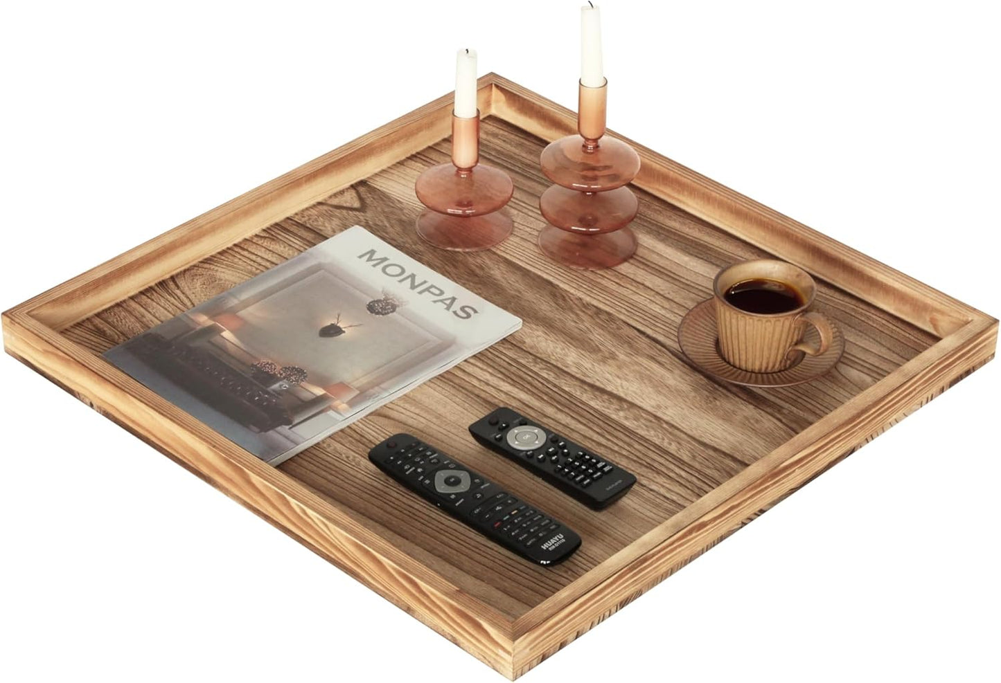 Square Ottoman Table Tray 24" - Rustic Wooden Serving Tray for Farmhouse Decorative Oversized Coffee Table Trays Living Room Kitchen Counter Breakfast Nature