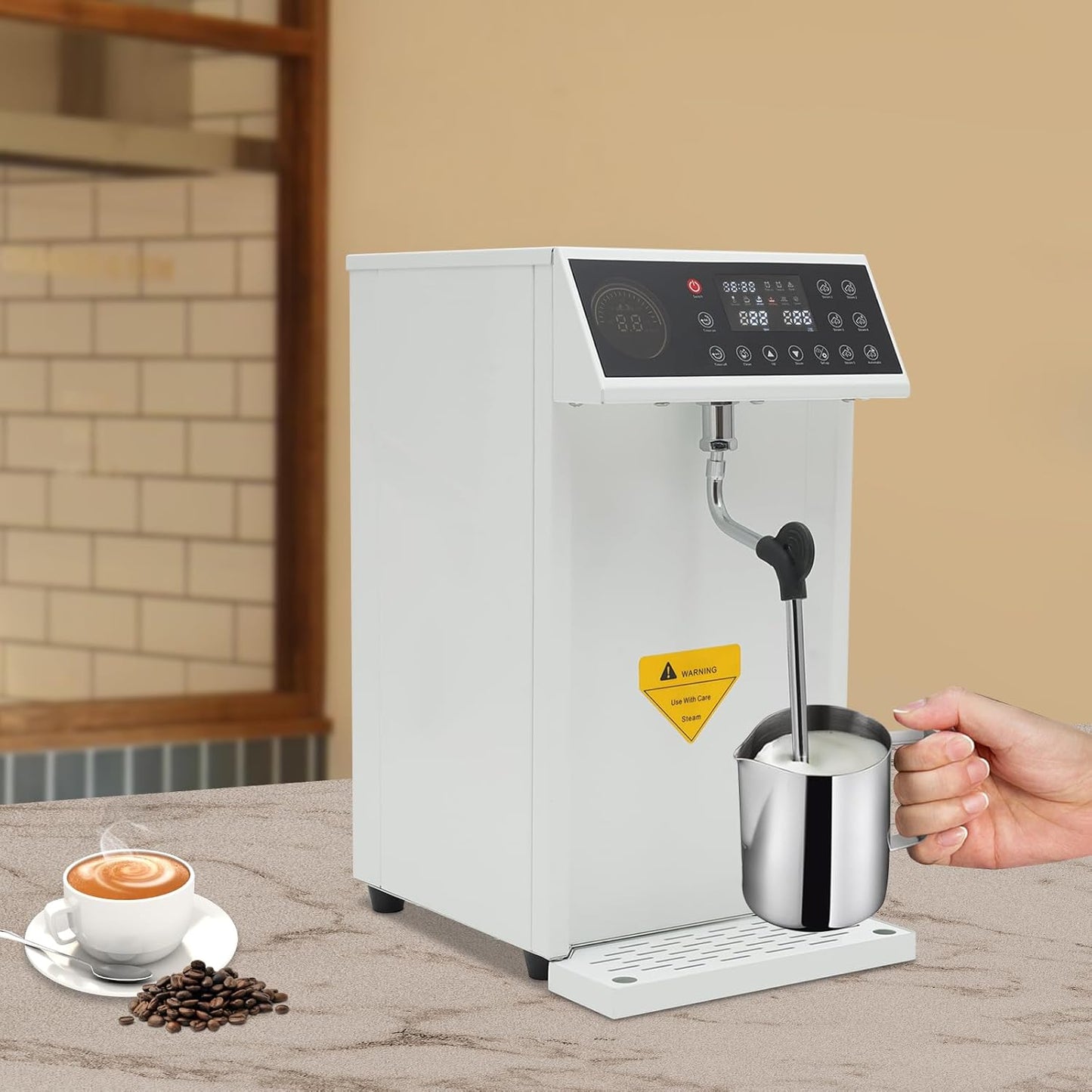 8L/2.11gal Commercial Steam Milk Frother, 3000W 5-Gear Fast Heating Milk Steamer Machine Electric Steam Milk Frothing Machine Espresso Coffee Milk Foam Machine for Bar Cafe