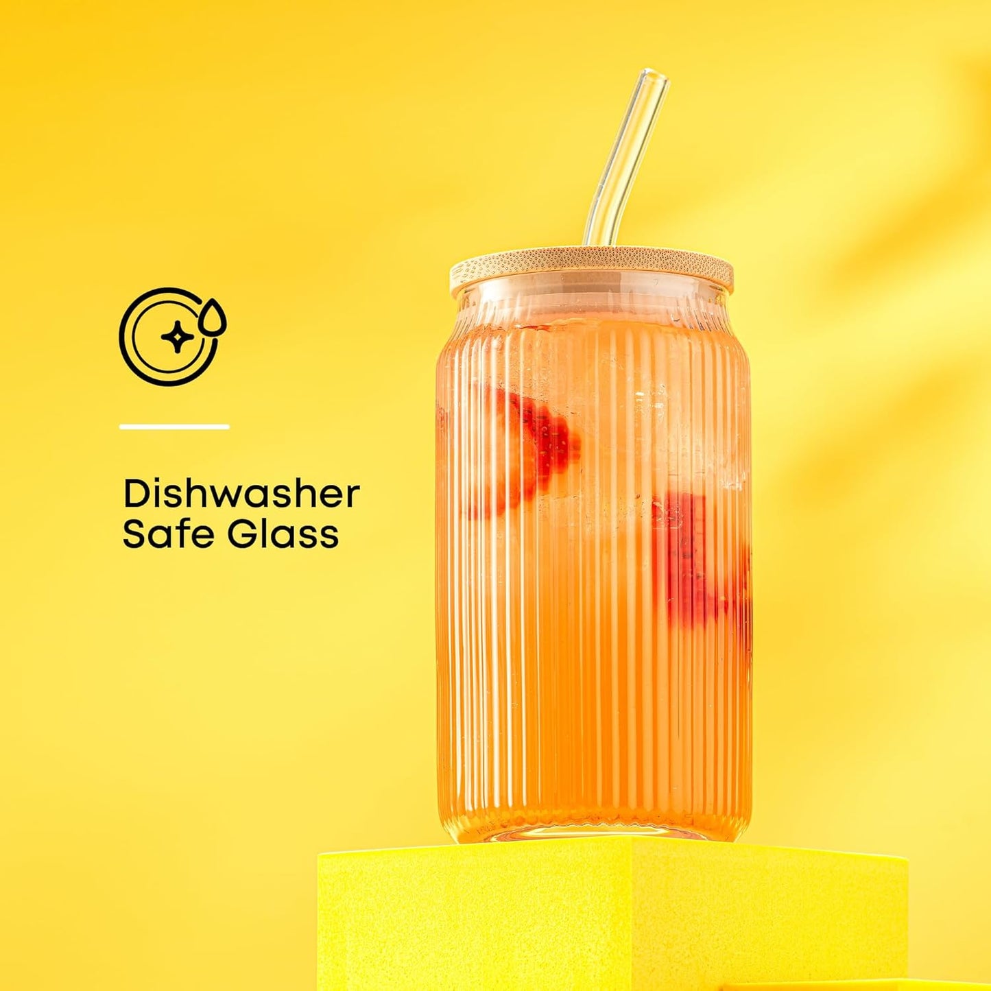 JoyJolt Fluted Glass Tumblers with Bamboo Lids and Glass Straws, Ribbed Can Shaped Drinking Glasses Set of 4, 16oz Cup with Lids and Straws, Iced Coffee Cups, Cocktail/Beer Glasses, Tea Cups