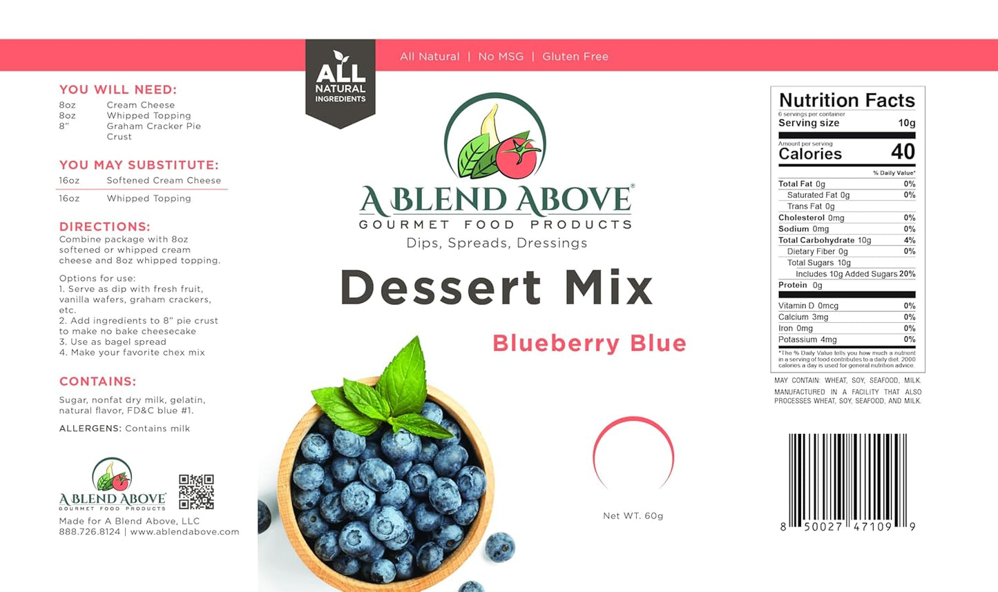 A Blend Above Blueberry Blue No Bake Dessert Mix - All Natural, Gluten Free, No MSG - Instant Dessert Mix, Fruit Dip, Bagel Topping, Frosting, Cheesecake Filling - Easy to Make - 4.2 Oz (Pack of 3)