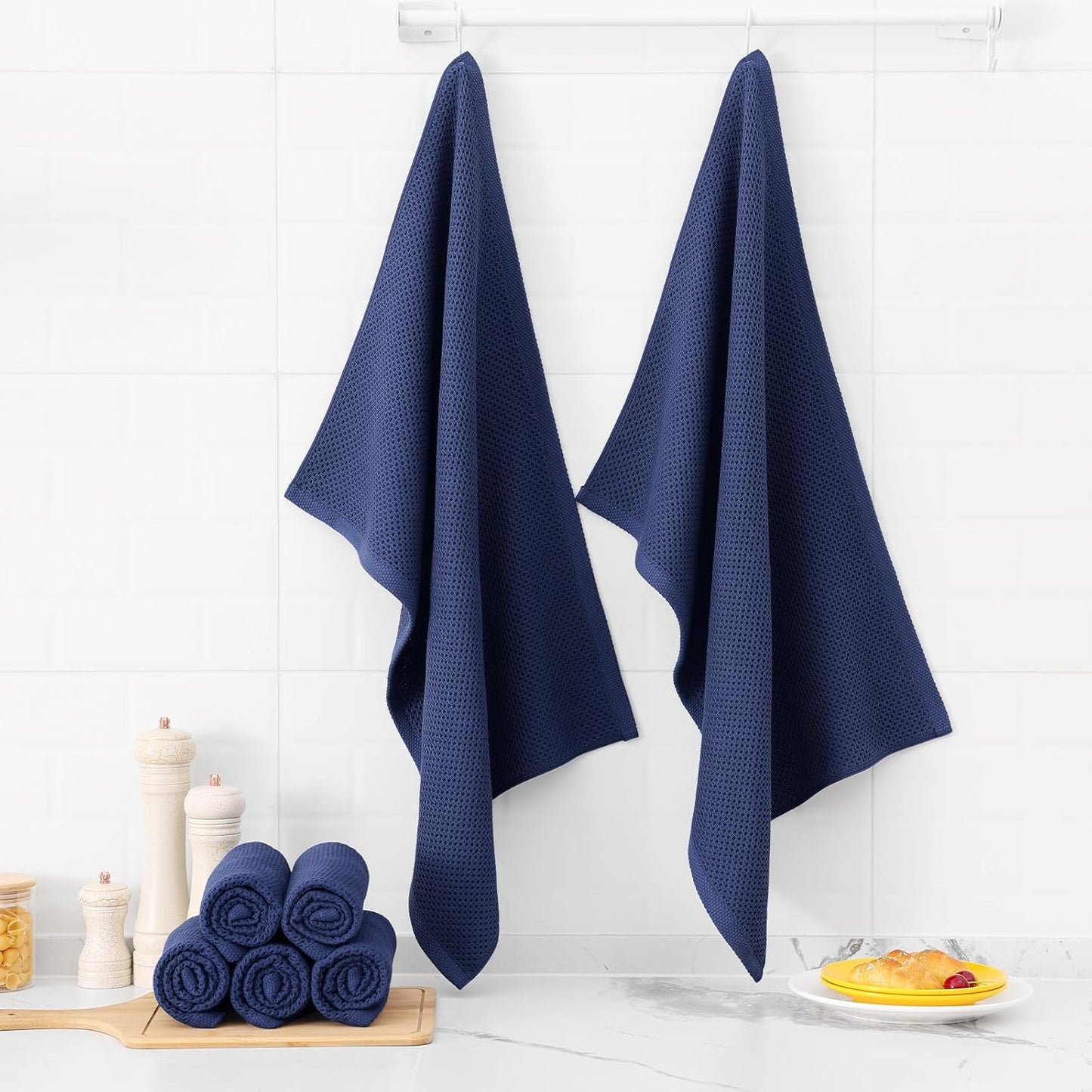 Kitinjoy 100% Cotton Waffle Weave Kitchen Towels, 4-Pack Super Soft and Absorbent Dish Towel for Drying Dishes, Kitchen Hand Towels, 20 in x 28 in, Navy Blue