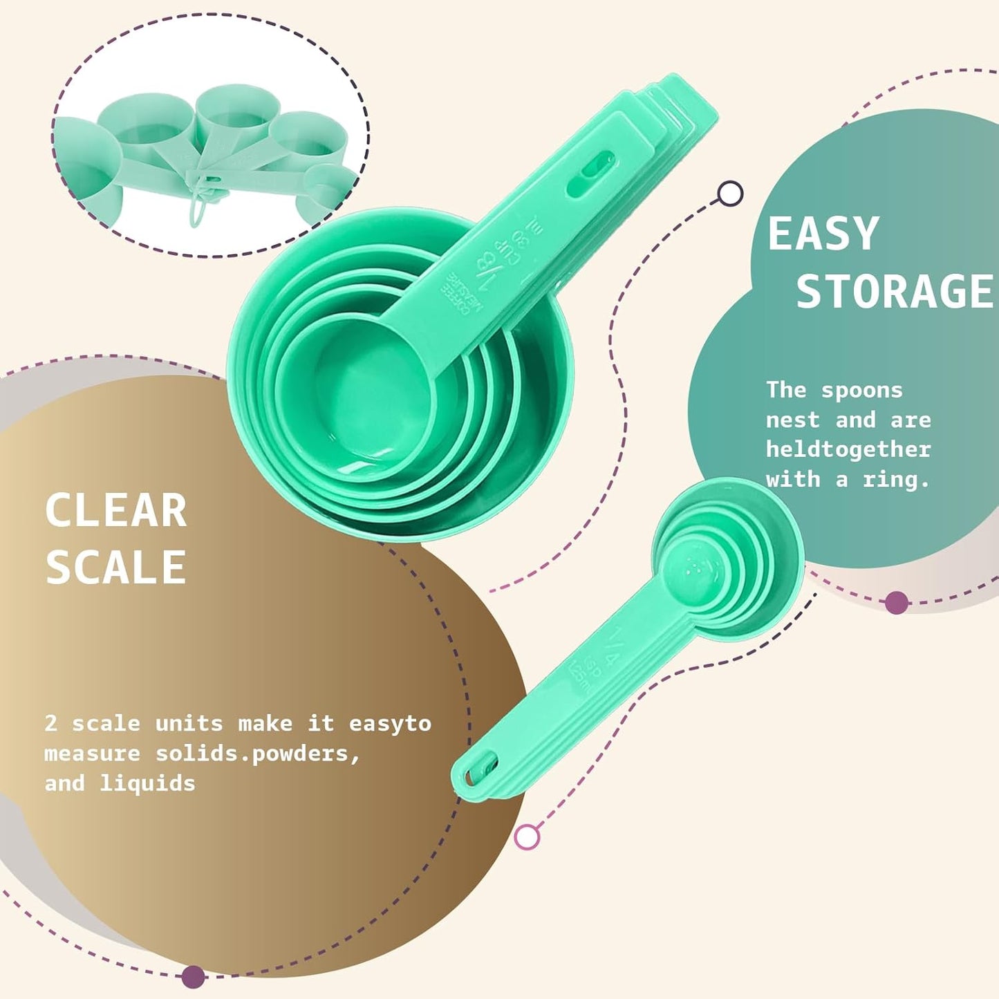 Inmorven 10pcs Measuring Cups and Spoons Set, BPA-Free Plastic Kitchen Baking Tools with Engraved Markings, Stackable Design for Dry & Liquid Ingredients (Green)