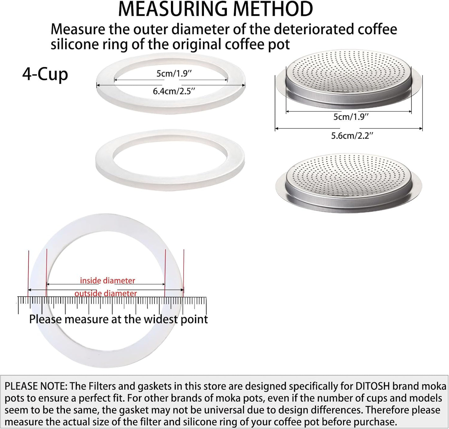 2 Pcs Filter with 3 Pcs Silicone Gasket Seals for 4 Cup Stovetop Espresso Coffee Maker Replacement Parts for Big Tummy and Straight Stainless Steel Moka Pot