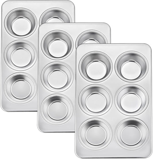 TeamFar Muffin Pan, 6 Cup Muffin Baking Tins Pans, Cupcake Pan Tray Set Stainless Steel for Baking Cakes Cornbread Tarts and More, Healthy & Non Toxic, Oven & Dishwasher Safe - Set of 3