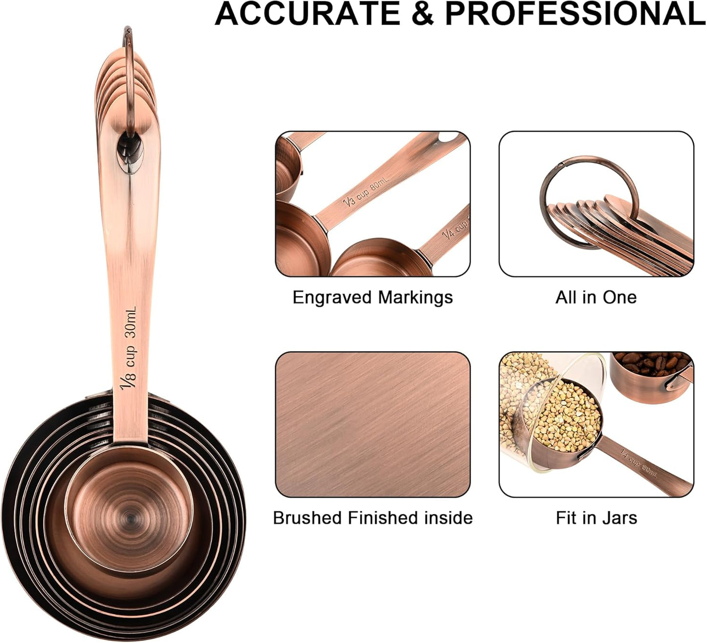 Copper Plated Measuring Cups and Spoons Set, Stainless Steel Measuring Cups and Spoons Set, 7 Kitchen Measure Cup, 9 Spice Measure Spoons, US&Metric Measuring Tools for Baking