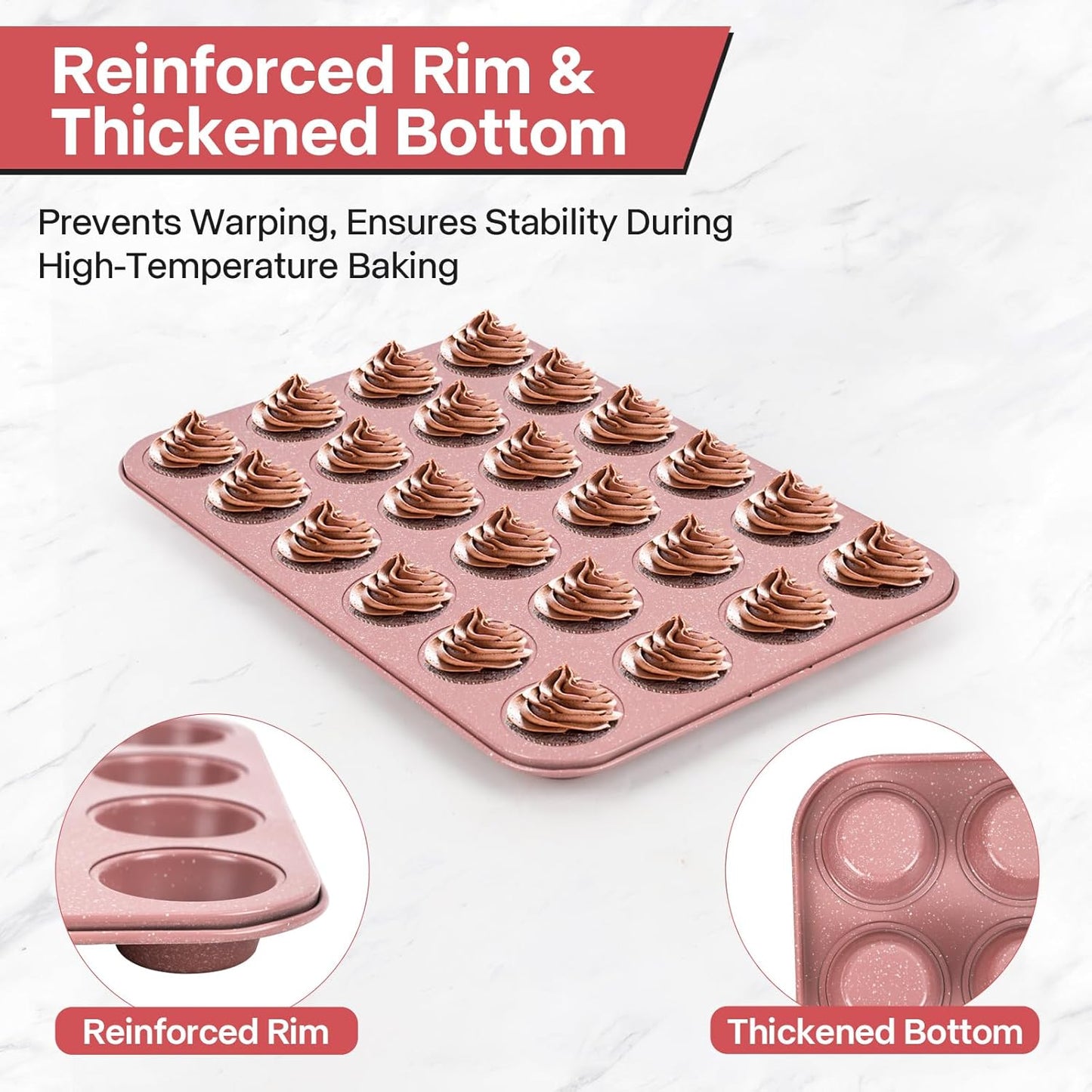 Spmart 2-Pack 24-Cup Nonstick Ceramic-Coated Mini Muffin Pan | Durable & Easy Clean Muffin Tins | Perfect for Small Baked Goods & Party Treats (Pink)
