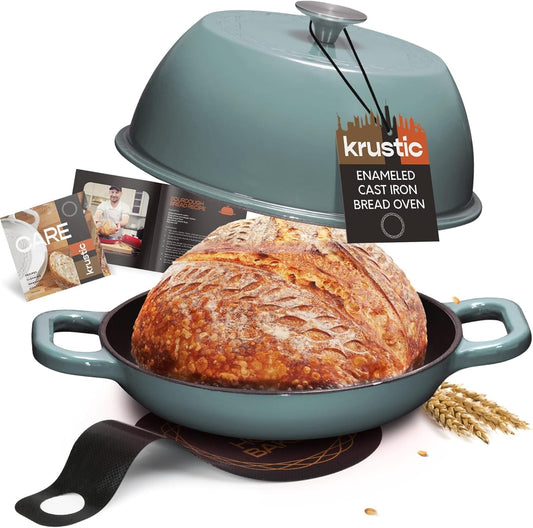 Enameled Cast Iron Dutch Oven for Sourdough Bread Baking | 6 Quart Oval Pot with Lid | 10 Inch Ceramic Enamel Thick Coated Cookware with Non Stick Silicone Baking Mat for Cooking | 6 Qt | Sea Salt