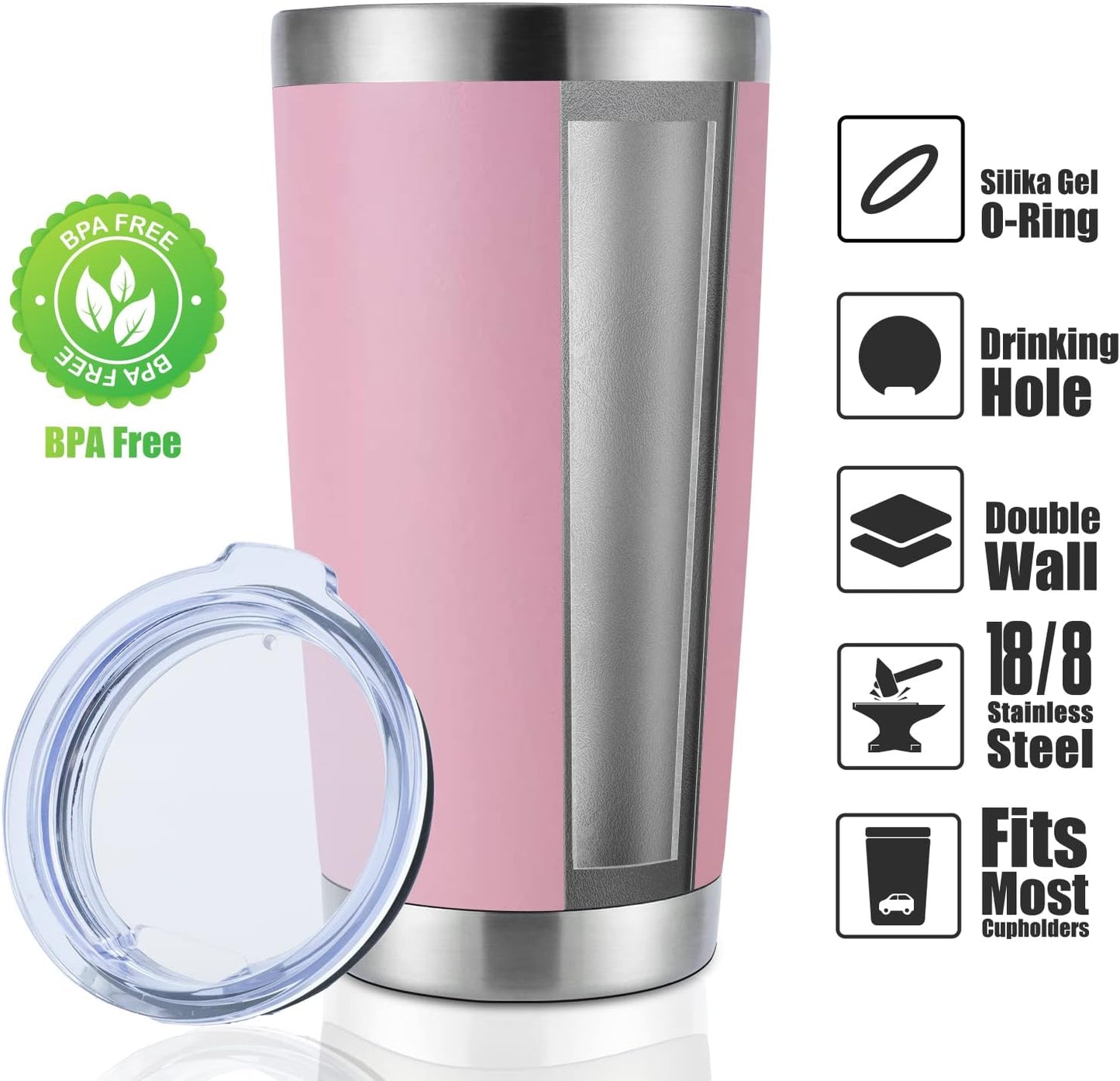 DOMICARE 20oz Stainless Steel Tumbler Bulk with Lid, Double Wall Vacuum Insulated Travel Mug, Powder Coated Coffee Cup, Pink, 8 Pack