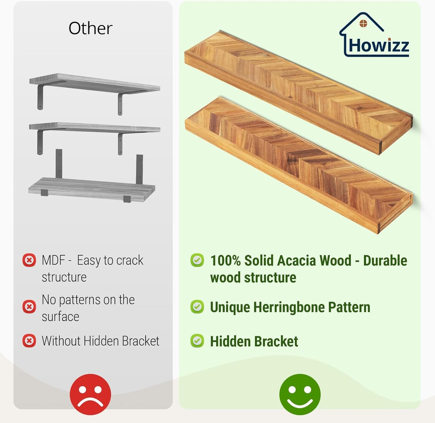 36" Acacia Chevron Floating Shelves Set of 2 - Wall Mounted Wooden Shelf for Stylish Home Décor - Natural Color - 36x6.7x1.5 Inches