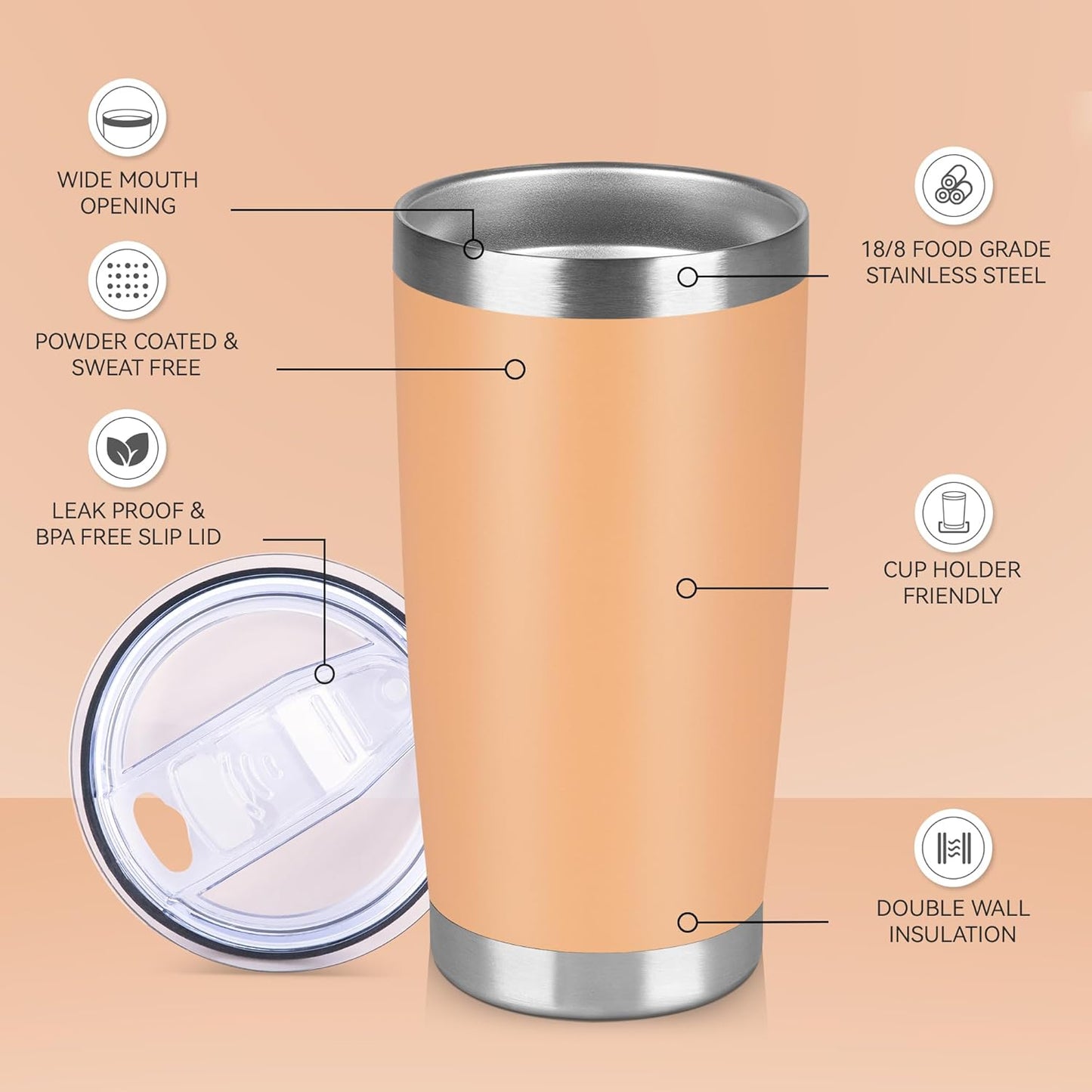 20 oz Tumbler Stainless Steel Tumblers Bulk with Lid Double Wall Insulated Coffee Tumbler Cups for Hot & Cold Drinks Powder Coated Travel Coffee Tumbler Mug Metal (Cream Orange, 6 pack)