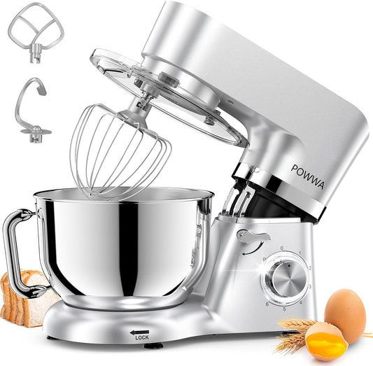 Stand Mixer, POWWA 7.5 Quart Electric Mixer, 6+1 Speed 660W Tilt-Head Kitchen Food Mixers with Whisk, Dough Hook, Mixing Beater & Splash Guard for Baking, Cake, Cookie (Silver-with Handle)