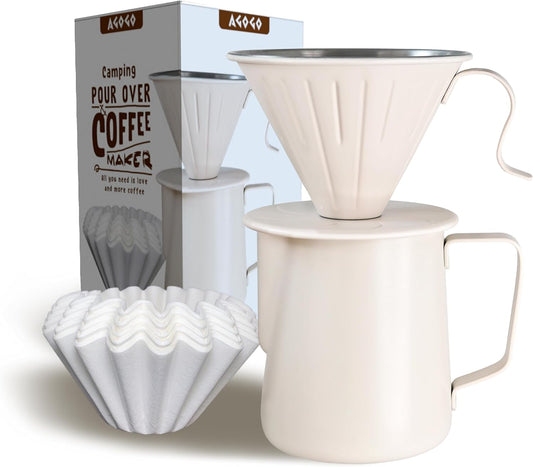 AGOGO Camping Pour Over Coffeemaker Set with Paper Filter Stainless Steel (Cream, 600ml)