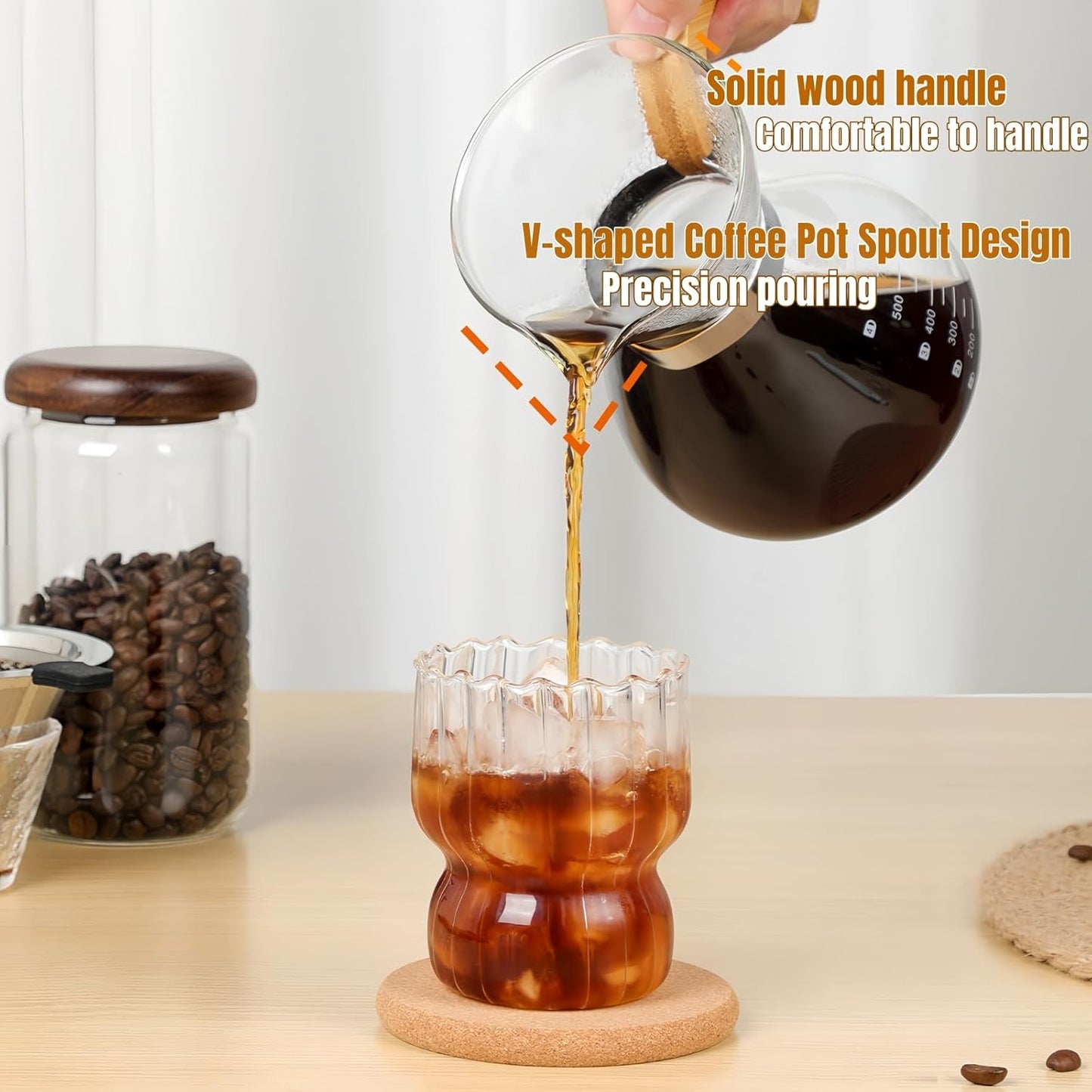 Pour Over Coffee Maker Set, with Double-Layer Stainless Filter and Wooden Handle, 20 oz 600ml Thickened Borosilicate Glass Pour Over Coffee Dripper for Home Café