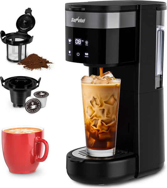 SUNVIVI Iced Coffee Maker, Single Serve Coffee Maker with 3 Brewing Options for K Cup Pod or Ground Coffee, 30oz Removable Water Reservoir & Reusable Filter, Ideal for Home & Office, Black