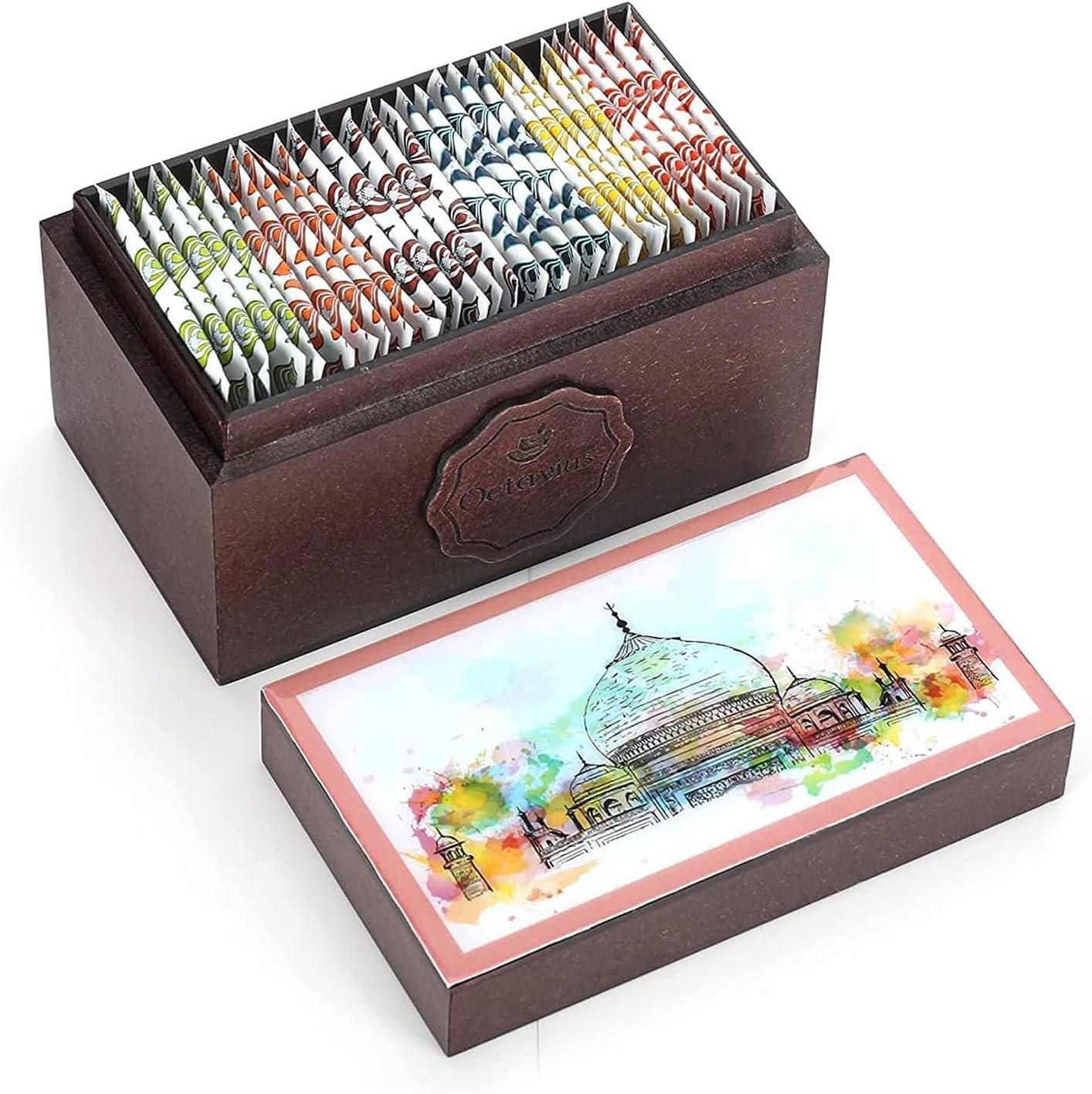Octavius Assorted Tea Gift Set | 6 Flavored Black & Green Teas | 30 Premium Teabags in Each Box | Wooden Tea Sampler with Taj Mahal Design | Luxury Tea Gift Box | Pack of 2