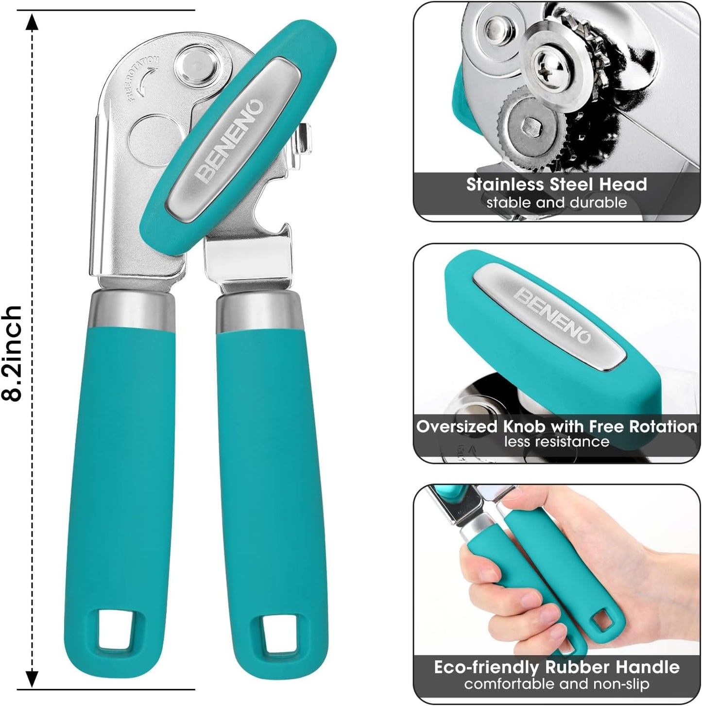 Beneno Can Opener Manual with Magnet, Hand Held Heavy Duty Can Opener with Durable Sharp Blade Smooth Edge, Big Effort-Saving Knob, Soft Grip Rubber Handle, Multifunctional Bottle Opener, Turquoise