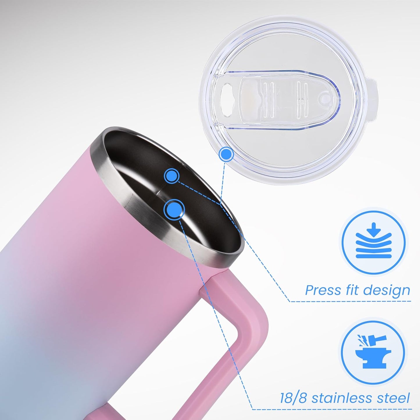 DOMICARE 40 oz Tumbler with Handle and Straw, Stainless Steel Tumbler with Lid and Straw, Reusable Vacuum Insulated Cup, Travel Coffee Mug, Dreamy Pink Blue, 4Pack