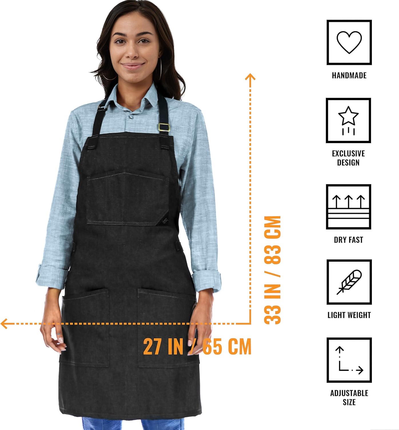 Under NY Sky Chef Apron – Professional Black Denim – Cotton Straps - Smart Pockets - Adjustable for Men and Women – Pro Chef, Cook, Kitchen, Baker, Barista, Bartender, Server Aprons
