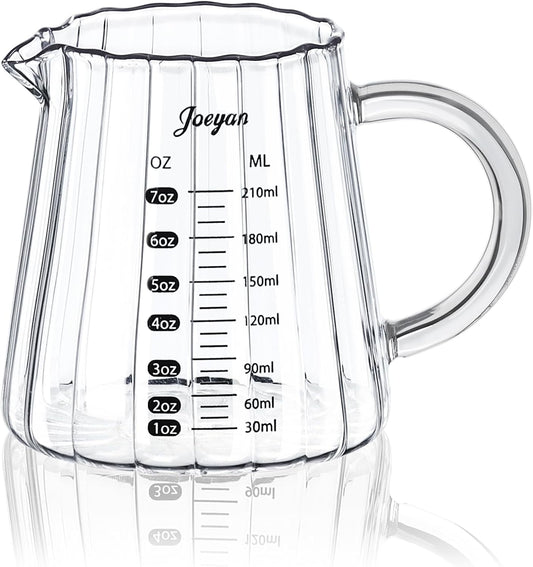 Joeyan 7 oz Glass Measuring Cups with Spout,Borosilicate Large Glass Triple Pitcher with Scale,Origami Style Espresso Shot Glasses with Wood Handle for Coffee Milk