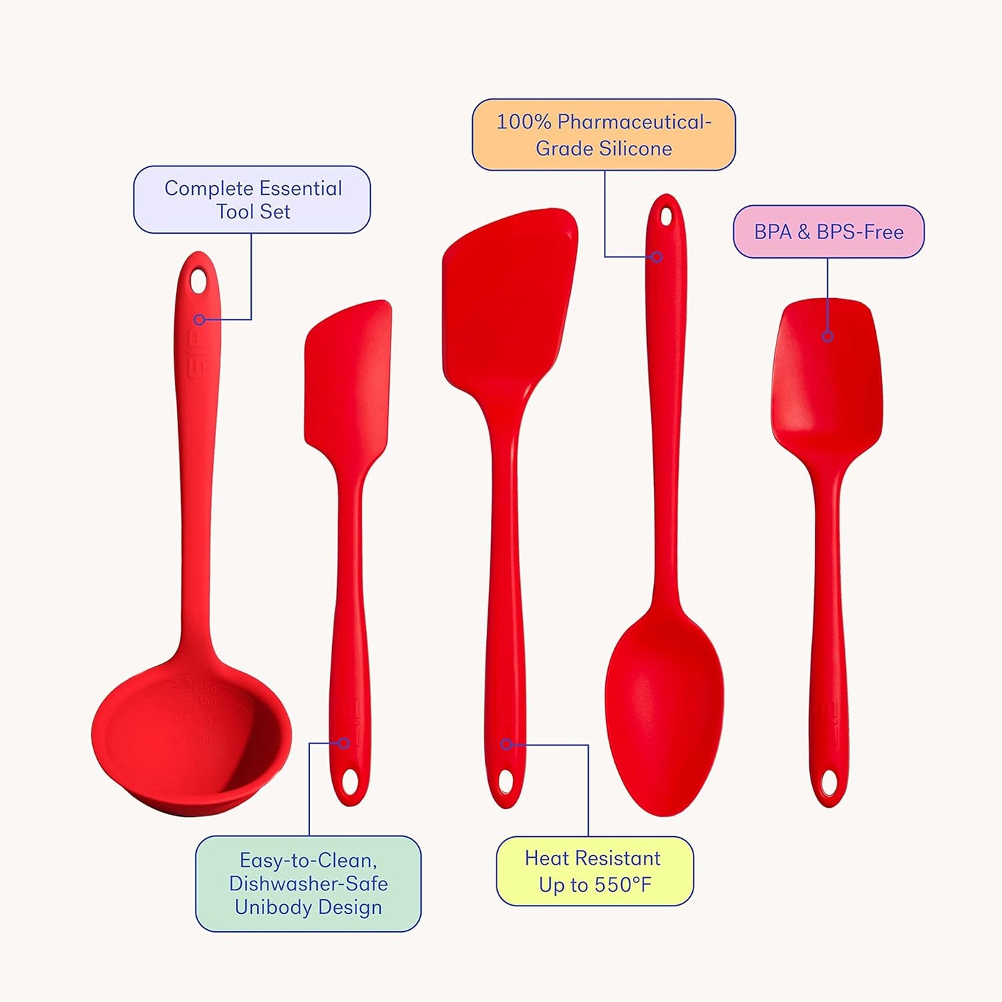 GIR: Get It Right 5 Piece Silicone Cooking Utensils Set - Ladle, Spatula, Flip, Spoon & Spoonula, Non-Stick, Heat Resistant, Dishwasher Safe, Silicone Kitchen Utensils, BPA & BPS Free - Studio White