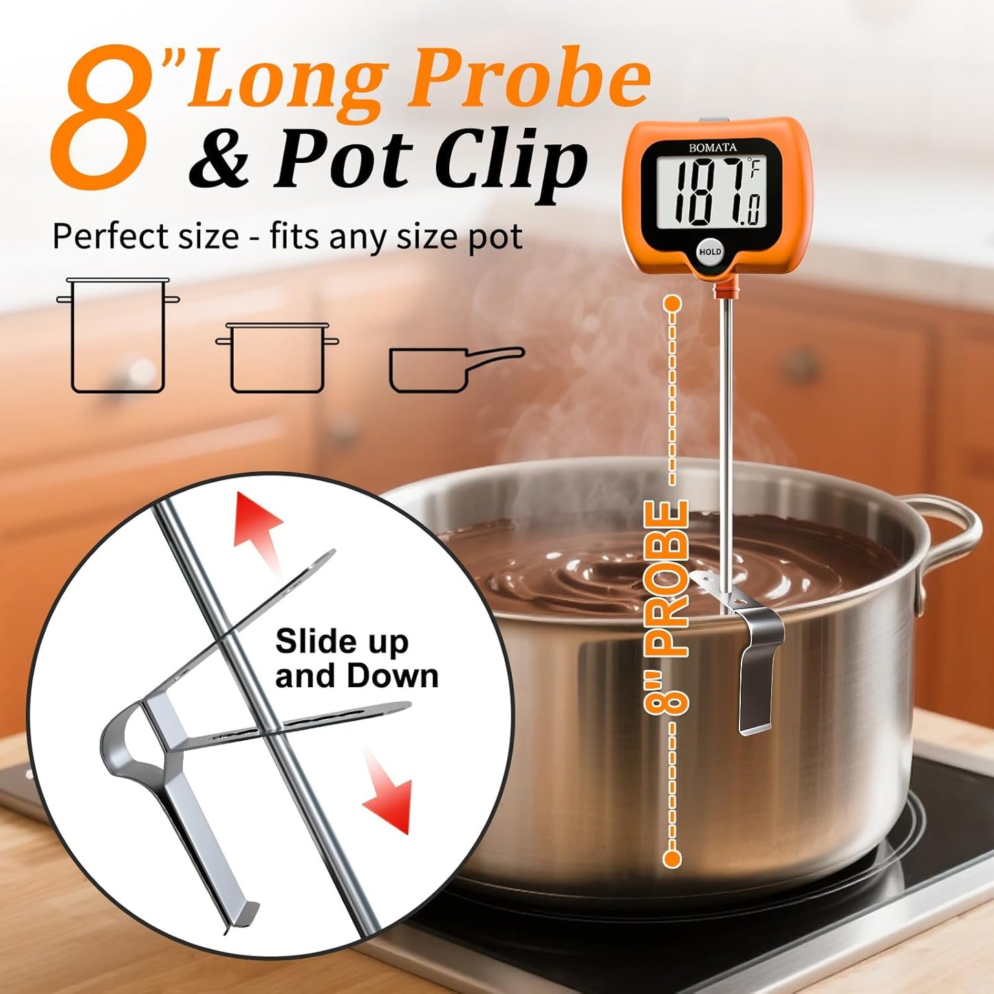 BOMATA Candy Thermometer with Pot Clip, Instant Read Cooking Thermometer with 8" Long Probe, Rotating Display, for Candy Making, Food, Candle Making, Liquids, Water, Baking, Sugar, Grilling. Orange