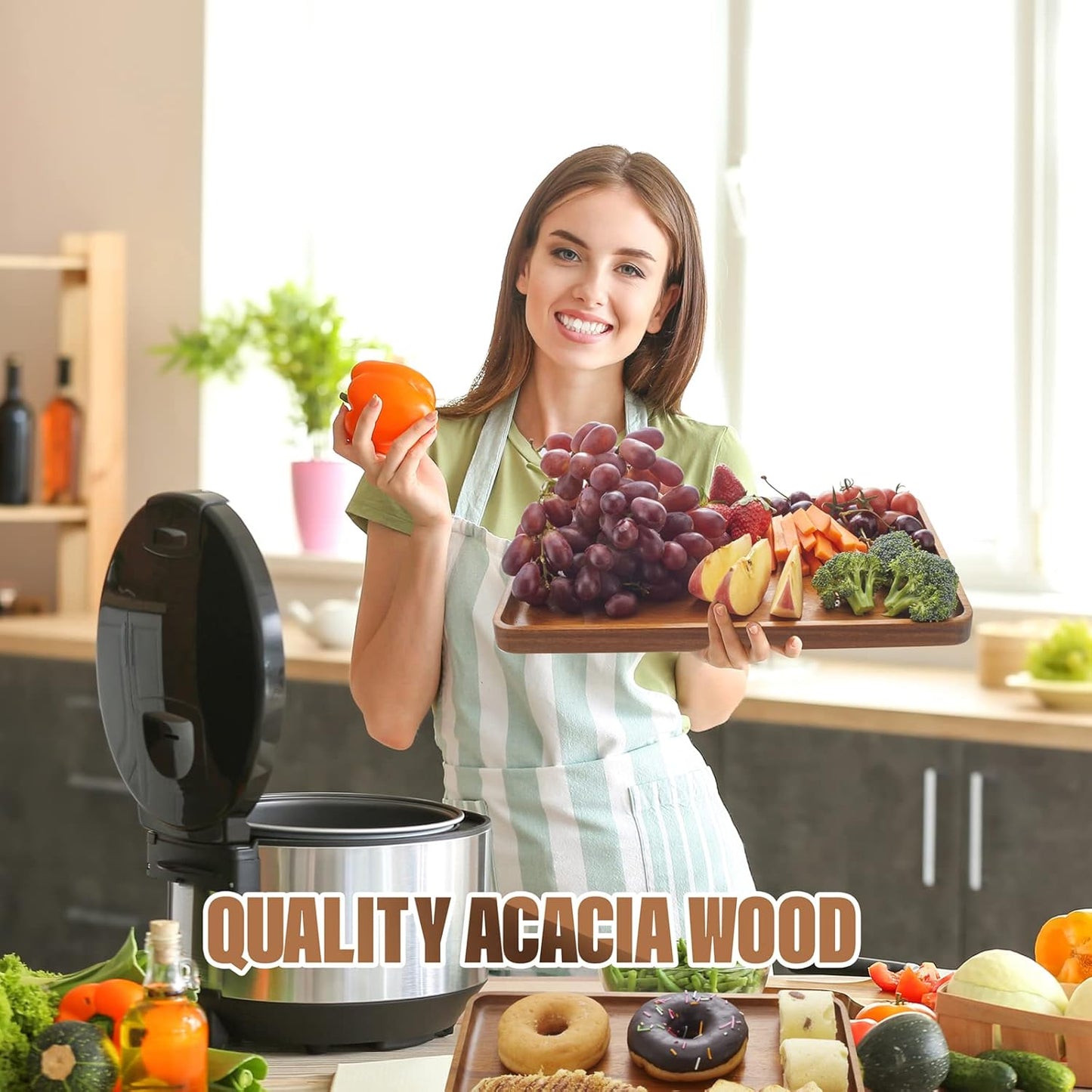 2 PCS 13 x 9 in Solid Acacia Wood Serving Trays Rectangular Wooden Serving Platters Natural Wooden Boards for Bar Coffee Party