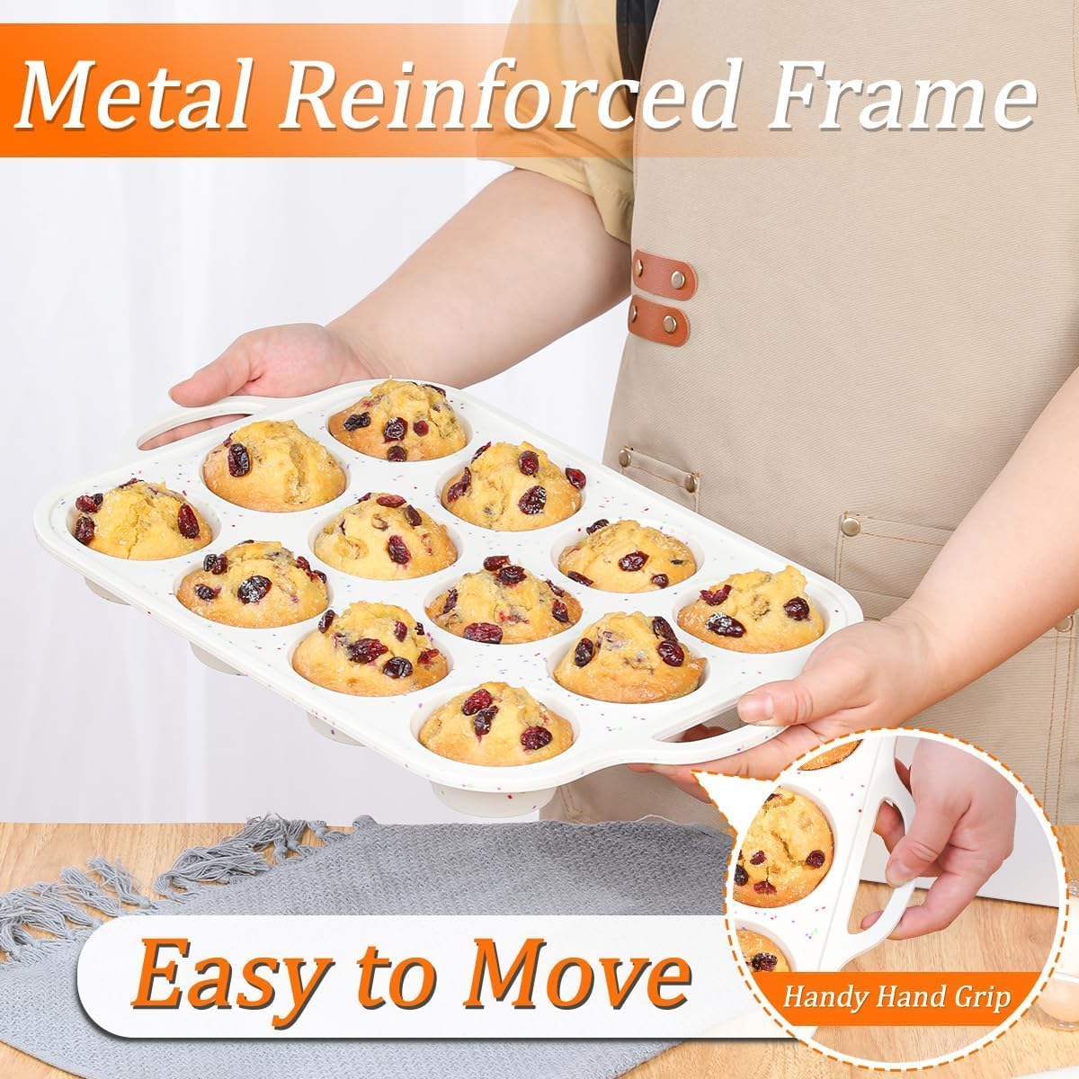 Silicone Muffin Pan, with Metal Reinforced Frame 2.8 Inch Regular Size Silicone Cupcake Pan Nonstick 12 Cups for Baking Homemade Muffins, Cupcakes, Egg Bites 2 Pack Dishwasher Safe BPA Free