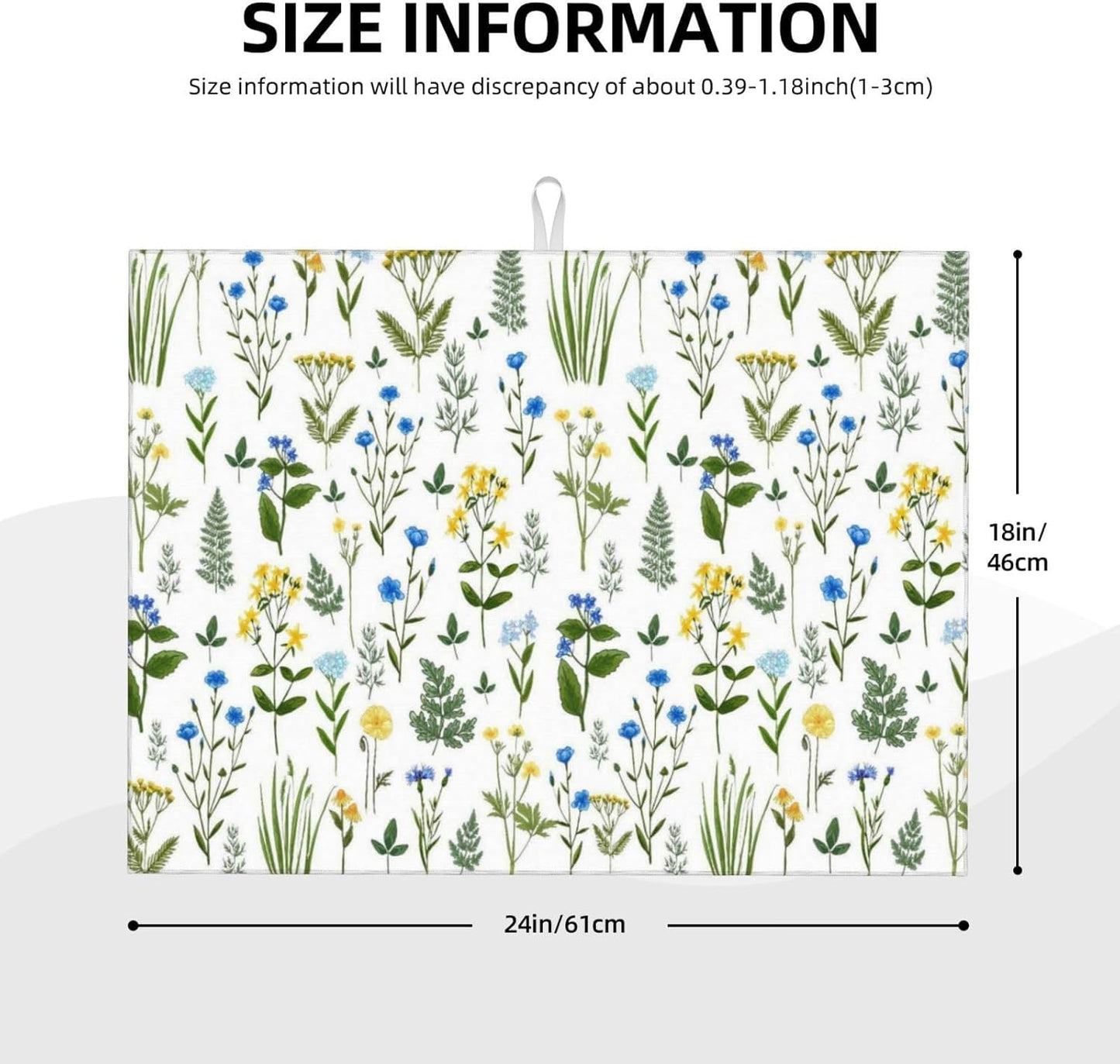 Blue Yellow Wildflower Dish Drying Mats for Kitchen Counter, Vintage Botanic Fern Leaves Floral Kitchen Drainer Pad, 18" x 24" Absorbent Microfiber Washable Reusable Dish Draining Mats, Home Decor