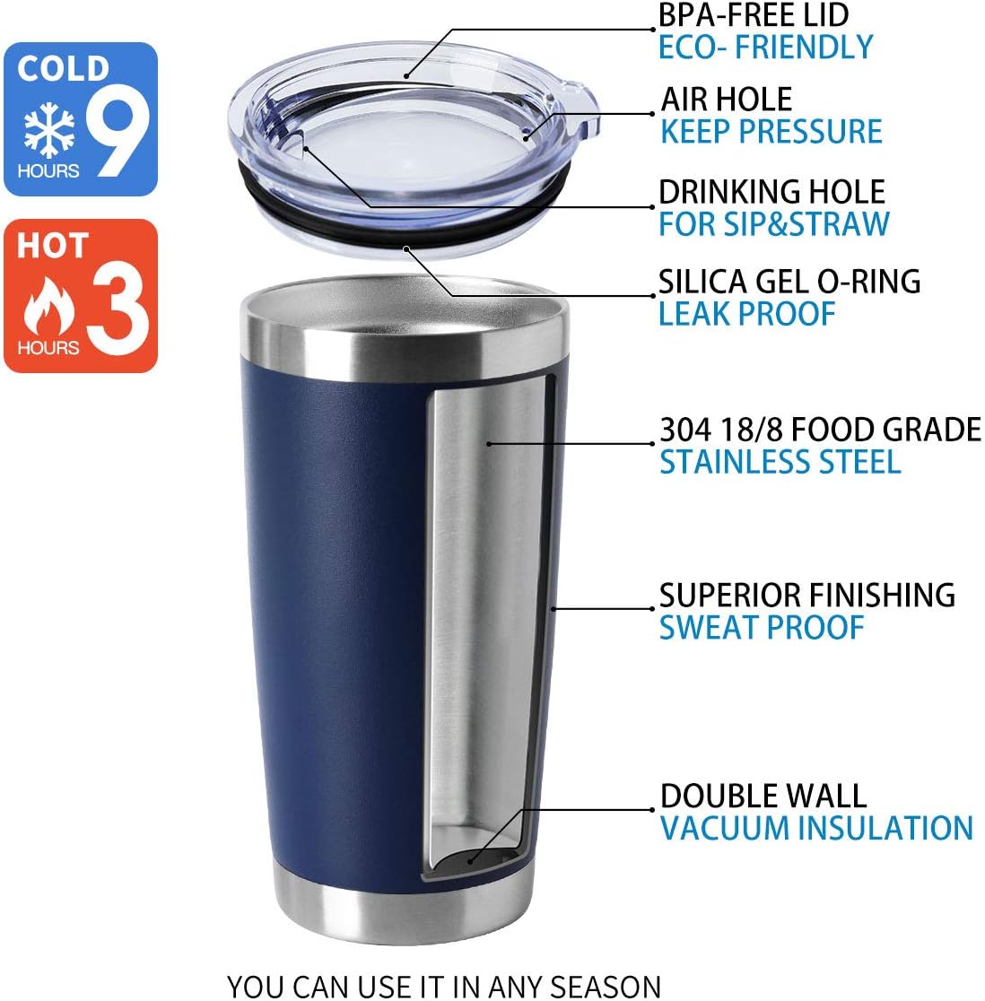 HASLE OUTFITTERS 20oz Tumblers Bulk Stainless Steel Cup with Lid Double Wall Vacuum Insulated Coffee Mug for Cold & Hot Drinks 8 Pack, Navy