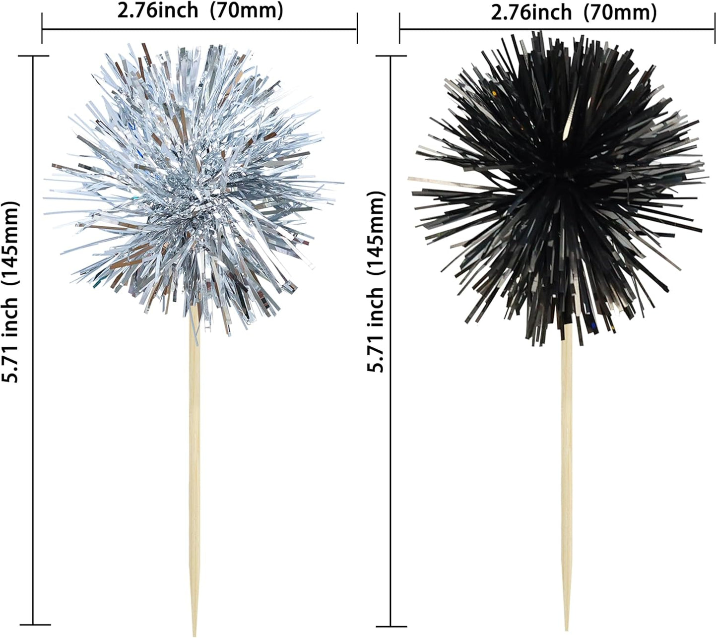 Gyufise 30Pcs Foil Firework Cupcake Toppers Sparkle Tinsel Cake Toppers Tinsel Drink Cake Decoration Cocktail Picks for Birthday Wedding Graduation Party Supplies Black Silver