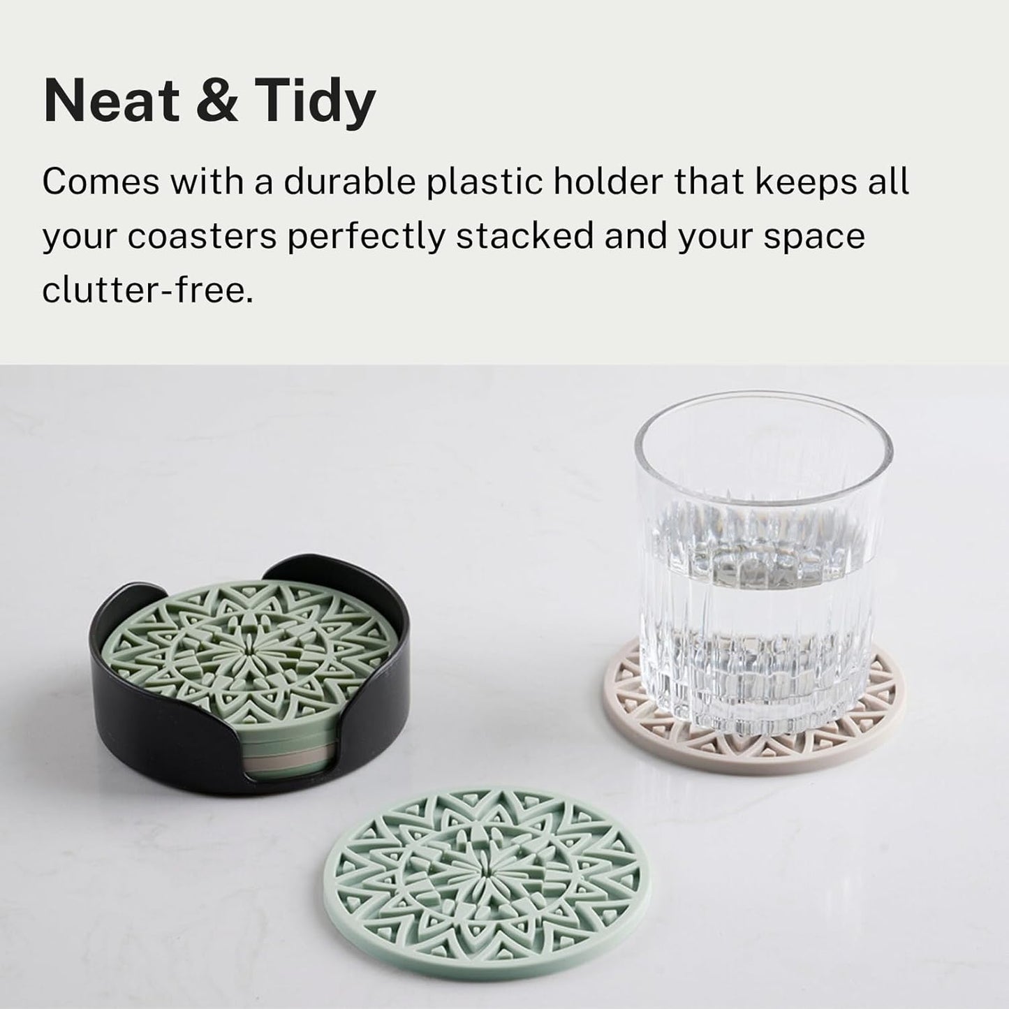 Set of 6 Olive Green Silicone Coasters with Holder, Drink Coasters with Tribal Pattern Shape- for Table Protection, Anti Slip, Nonstick, Heat Resistant, Deep Tray