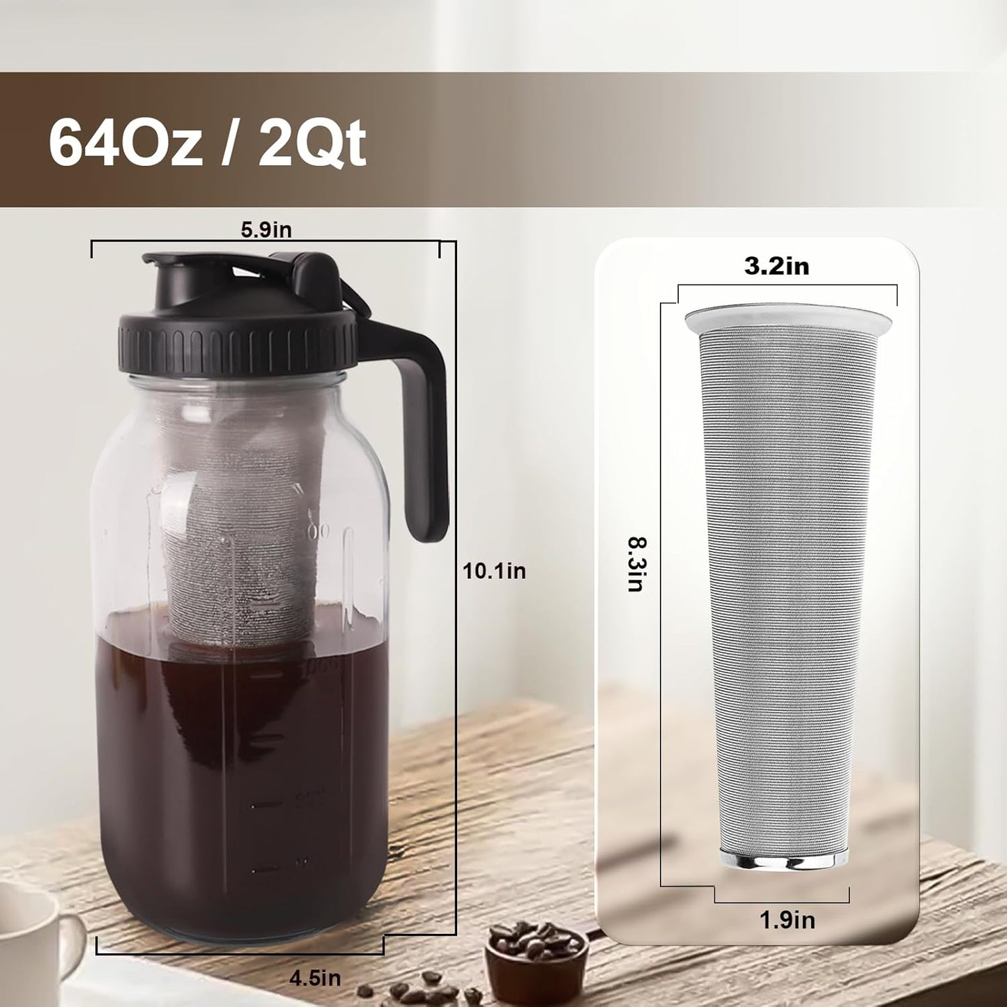 Cold Brew Coffee Maker - 64 Oz Heavy-Duty Glass Mason Jar Pitcher with Stainless Steel Filter, Leak-Proof Lid, Ergonomic Handle & Precision Pour Spout – Ideal for Iced Coffee, Tea, Cold Brew (Black)