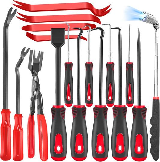 17Pcs Mechanic Hook and Pick Tool Set & Car Trim Removal Kit with Fastener Clip Pliers,Rivet Puller,Magnetic Pickup,Gasket Scraper,Non-Scratch Plastic Pry Tools for Automotive Repair-Red
