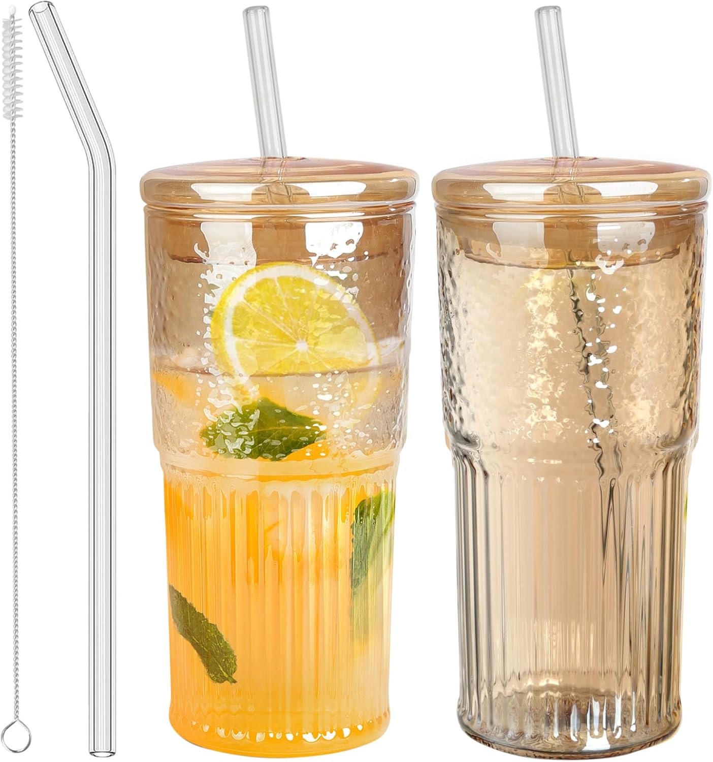 Glass Cups with Lids and Straws, Amber 20 OZ Iced Water Glasses Tumblers for Ice Juice, Tea, Milk, Smoothie and Cold or Hot Drinks, Set of 2
