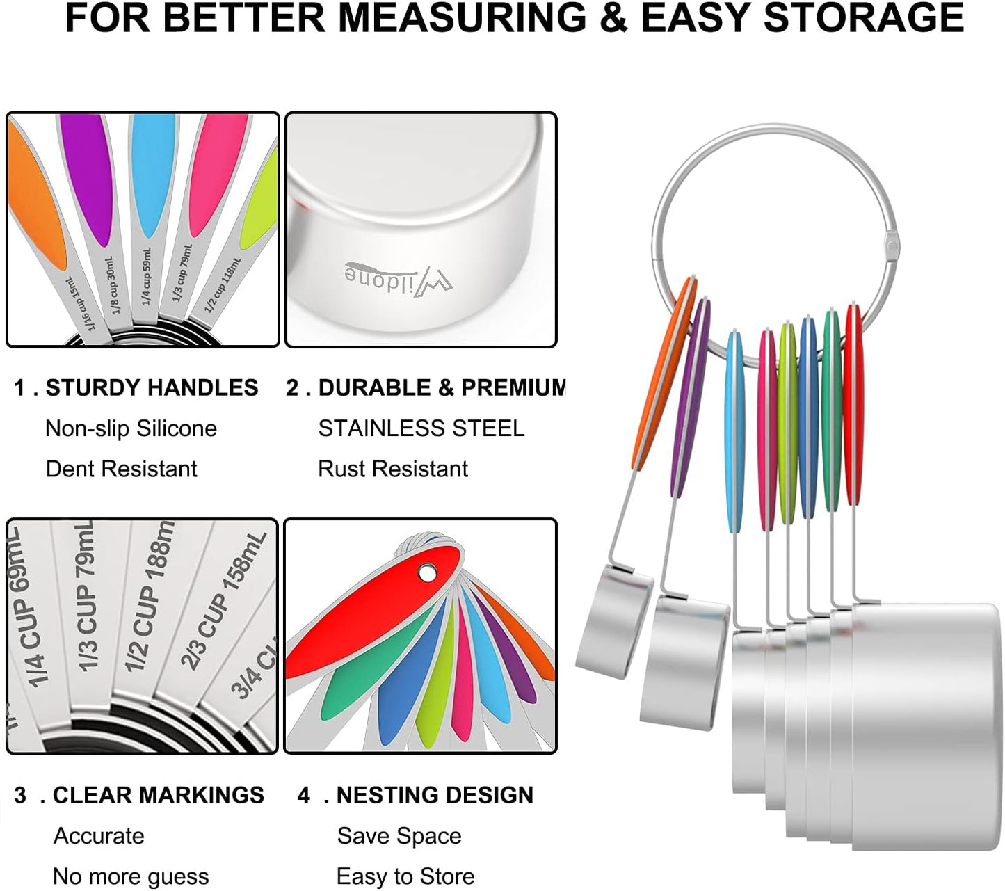 Measuring Cups and Spoons - Wildone Stainless Steel 20 Piece Stackable Set, Includes 8 Measuring Cups, 10 Measuring Spoons, 1 Leveler & 1 Whisk, for Dry and Liquid Ingredient